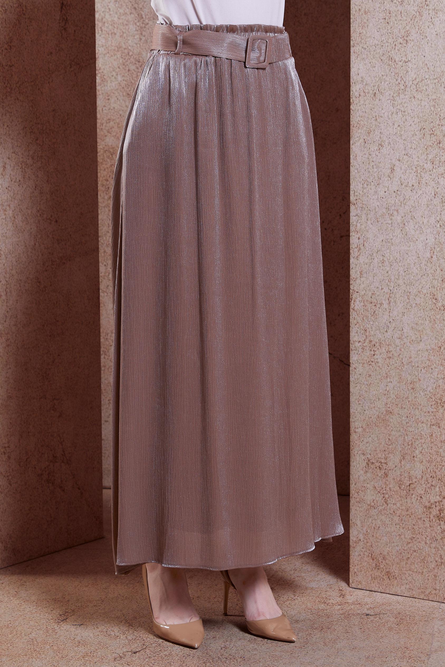 Tesettür giyim KAHVE KEMERLİ BÜRÜMCÜK ETEK 60564