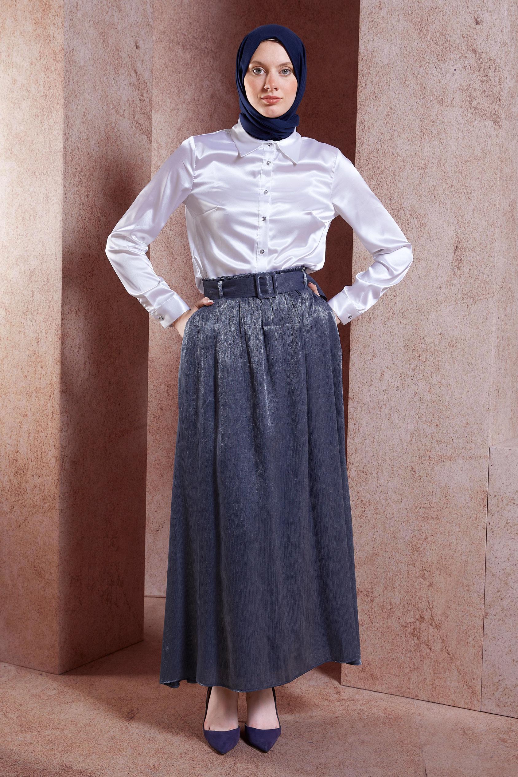 Tesettür giyim LACİVERT KEMERLİ BÜRÜMCÜK ETEK 60564