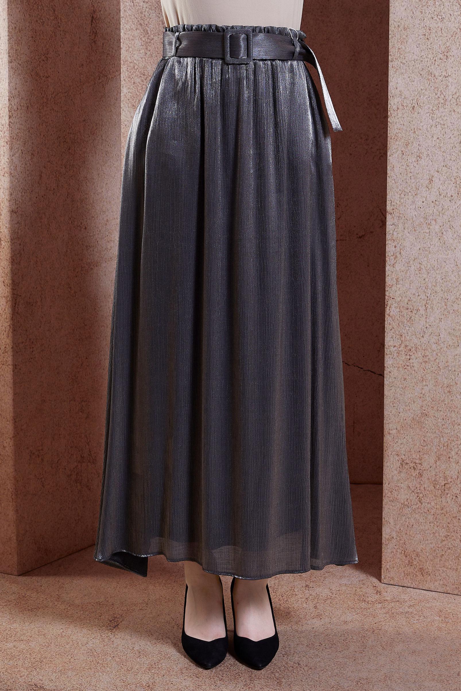 Tesettür giyim GRİ KEMERLİ BÜRÜMCÜK ETEK 60564