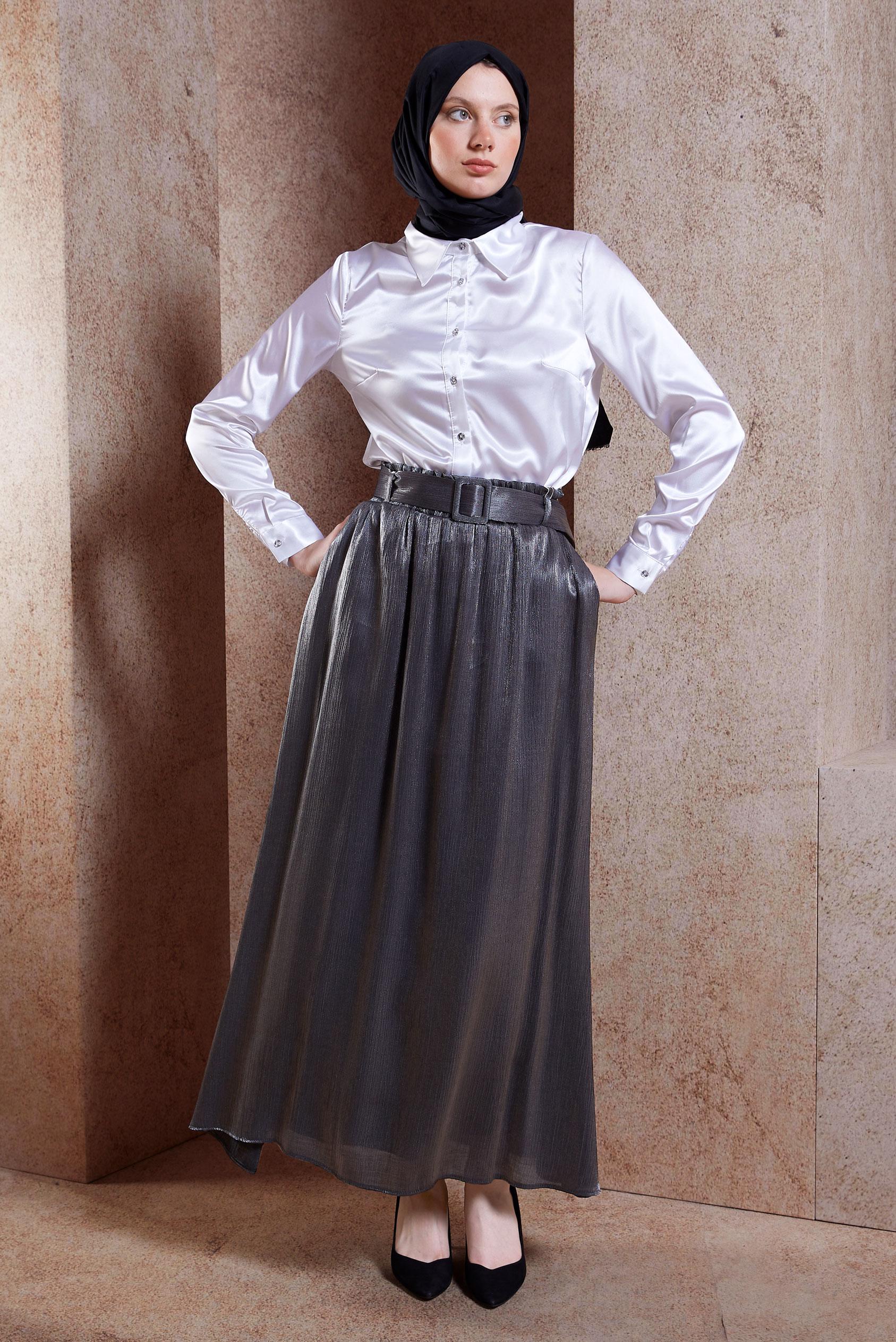 Tesettür giyim GRİ KEMERLİ BÜRÜMCÜK ETEK 60564