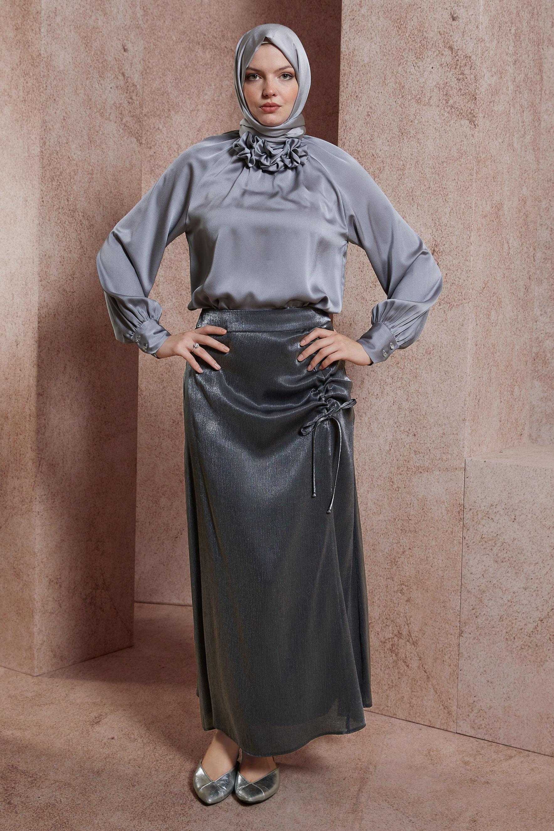 Tesettür giyim GRİ SATEN DOKULU BÜRÜMCÜK ETEK 60565