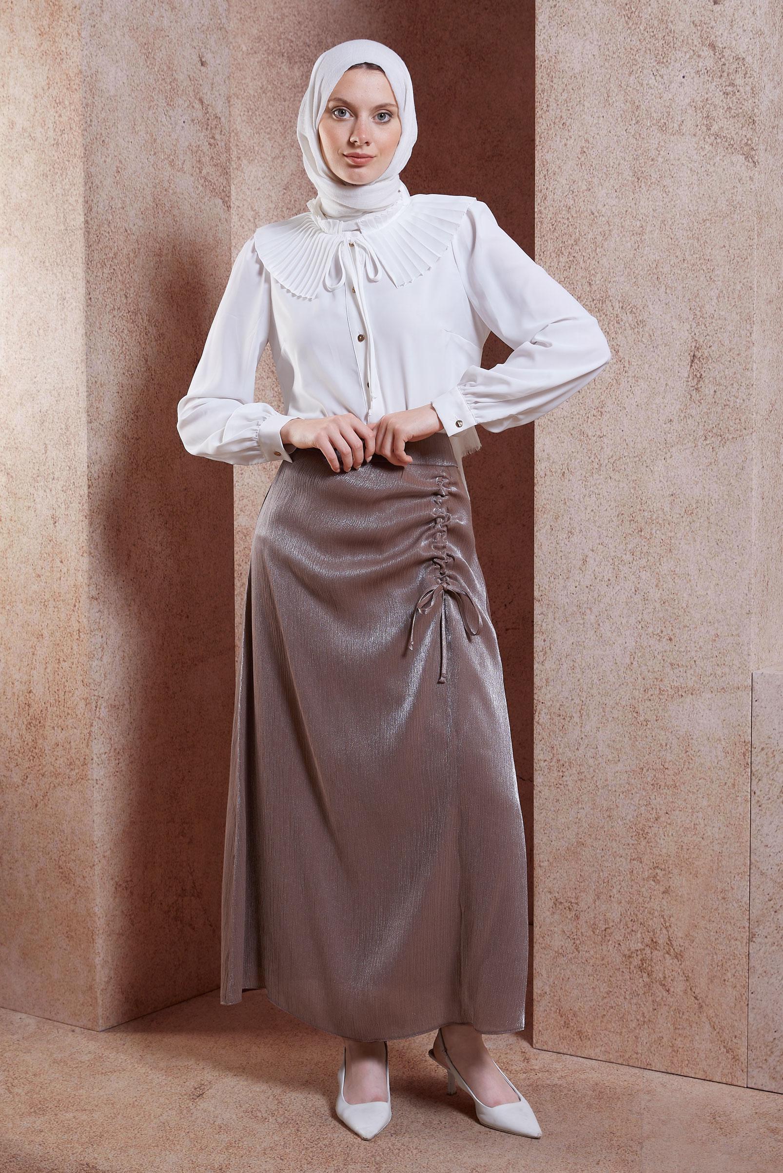 Tesettür giyim KAHVE SATEN DOKULU BÜRÜMCÜK ETEK 60565