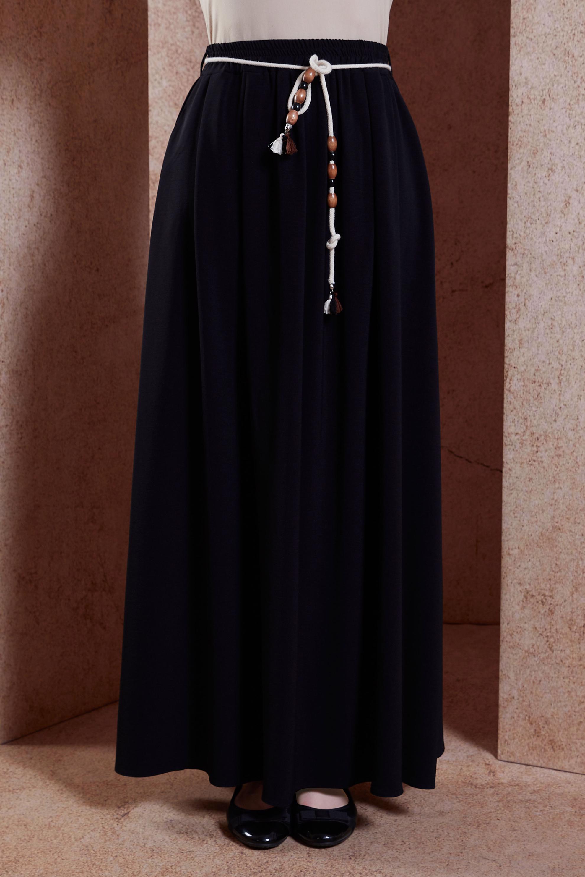 Tesettür giyim SİYAH BELİ LASTİKLİ ETEK 60566