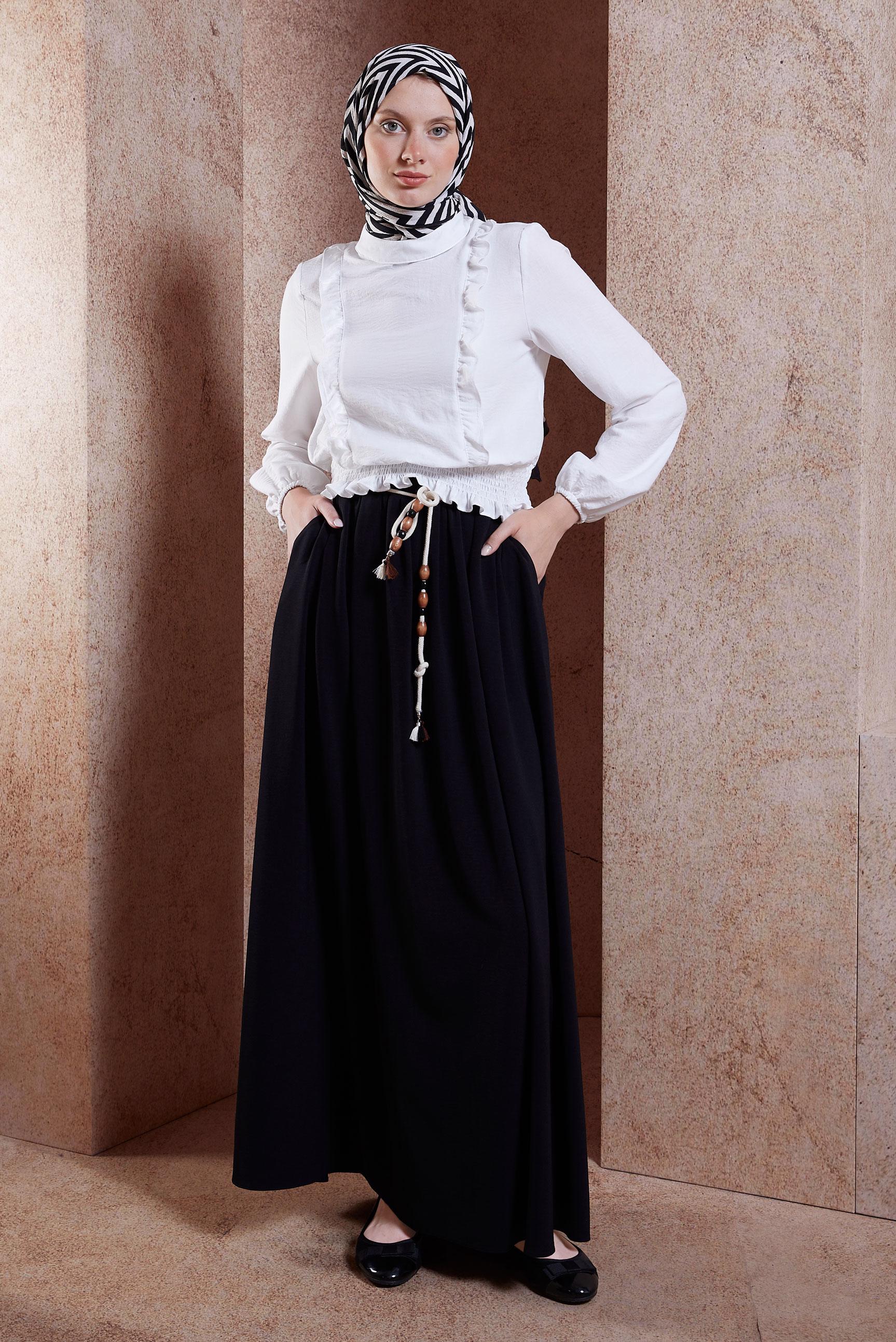 Tesettür giyim SİYAH BELİ LASTİKLİ ETEK 60566