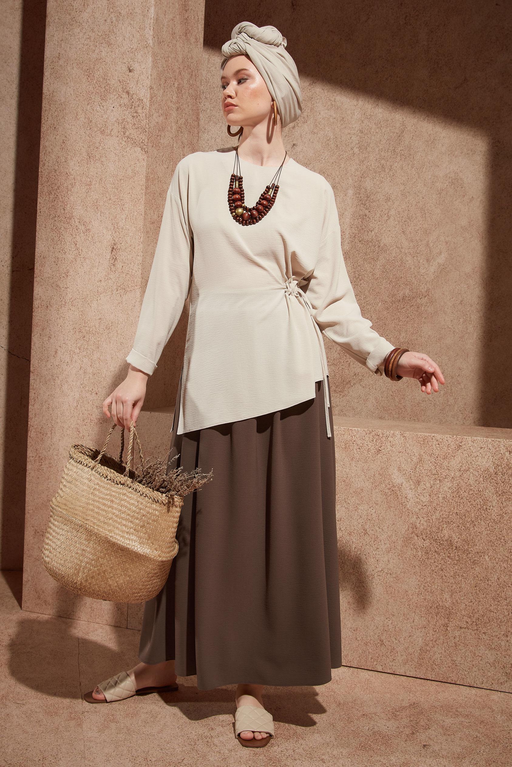 Tesettür giyim KAHVE BELİ LASTİKLİ ETEK 60566