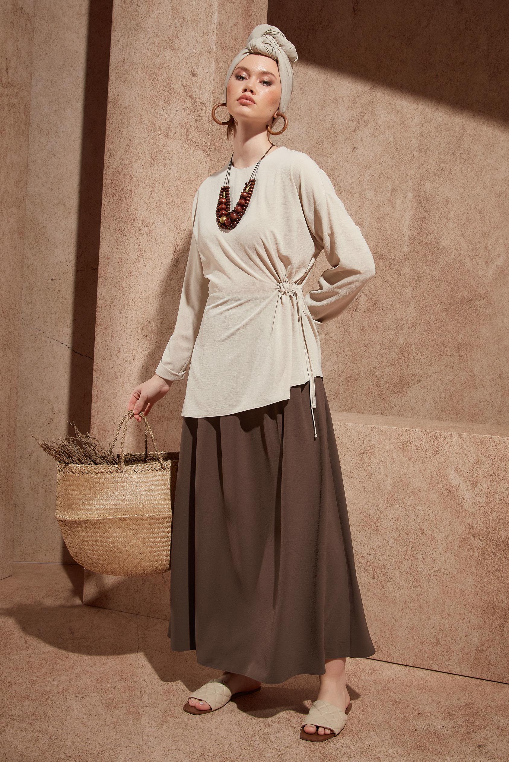 Tesettür giyim KAHVE BELİ LASTİKLİ ETEK 60566