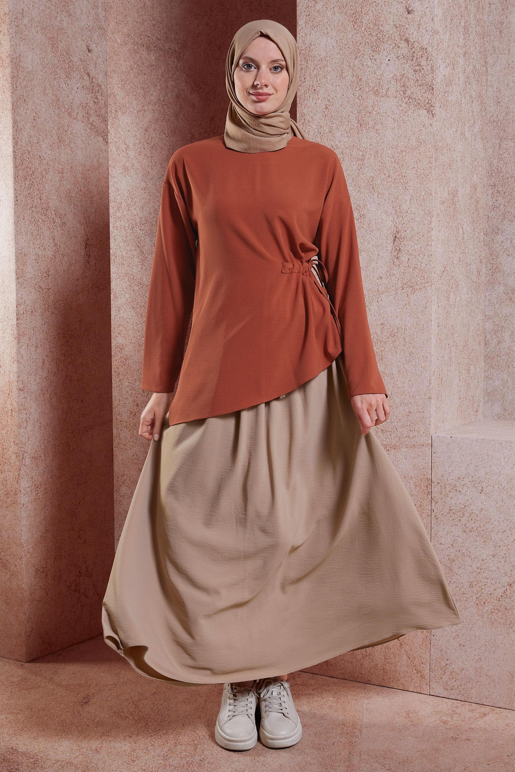 Tesettür giyim TABA BELİ LASTİKLİ ETEK 60566