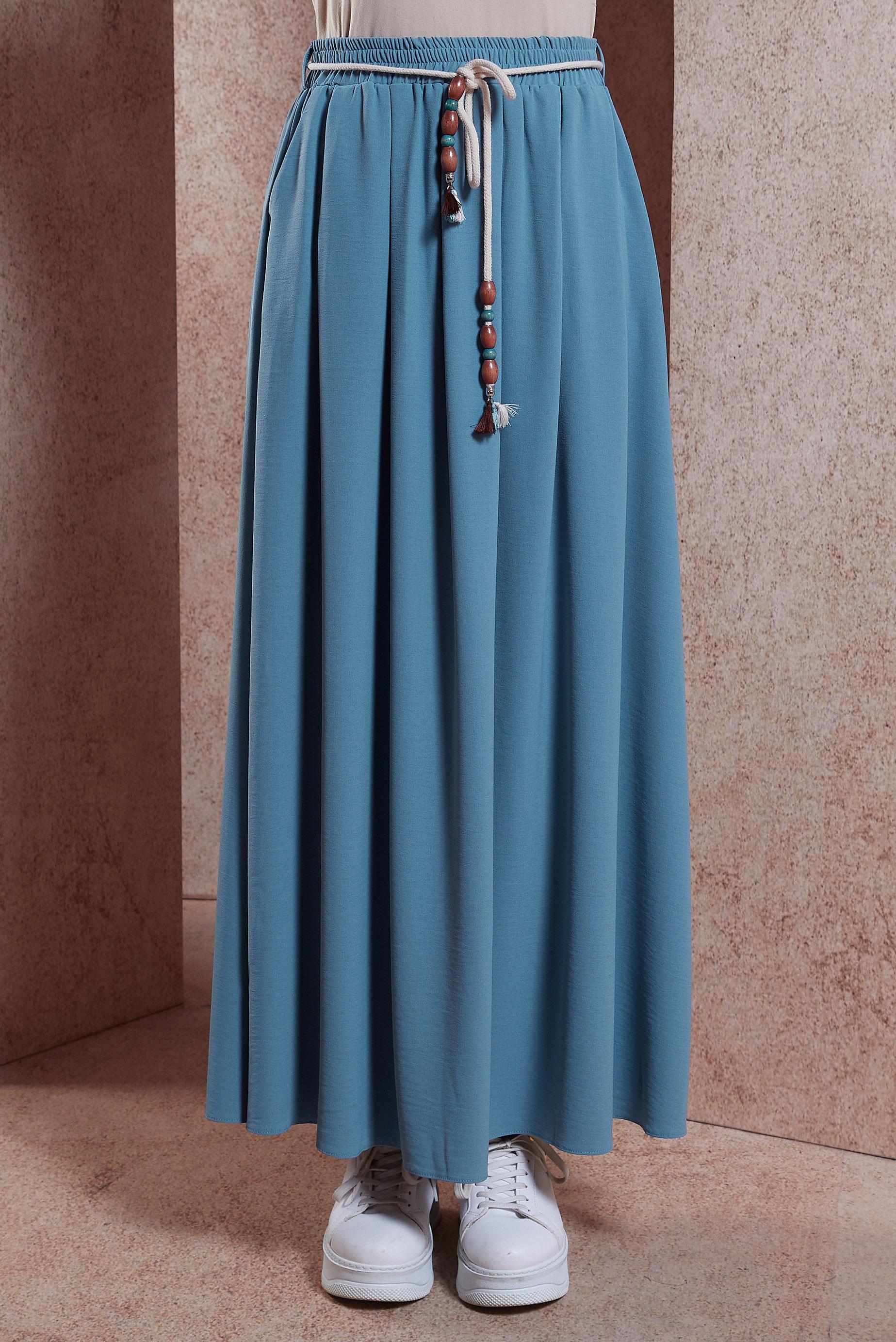 Tesettür giyim MAVİ BELİ LASTİKLİ ETEK 60566