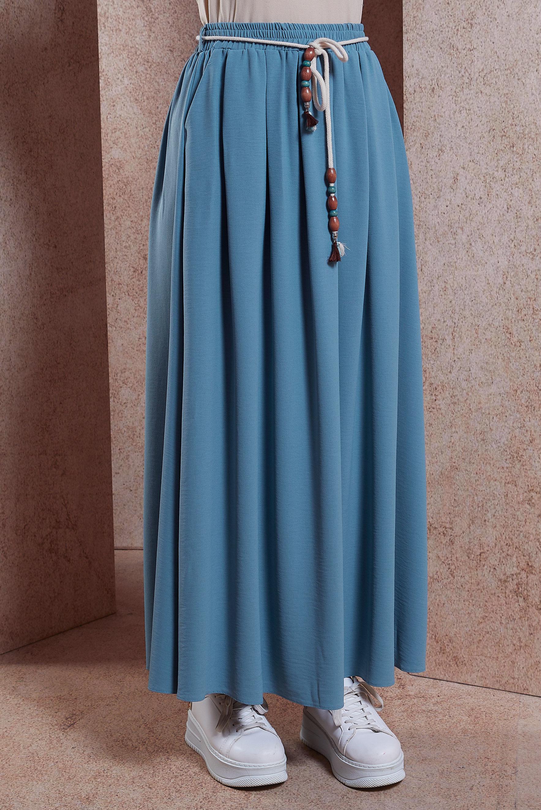Tesettür giyim MAVİ BELİ LASTİKLİ ETEK 60566