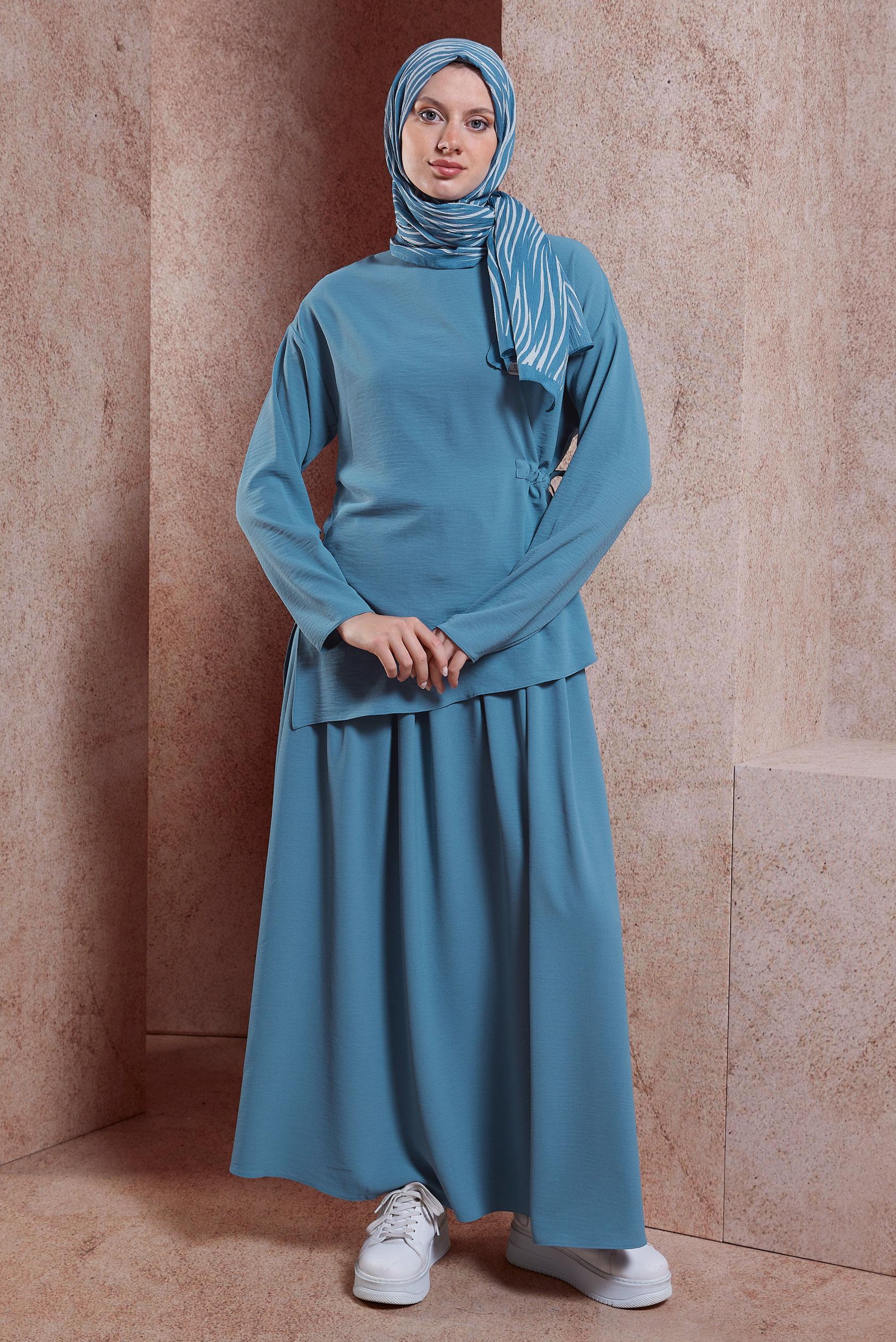 Tesettür giyim MAVİ BELİ LASTİKLİ ETEK 60566
