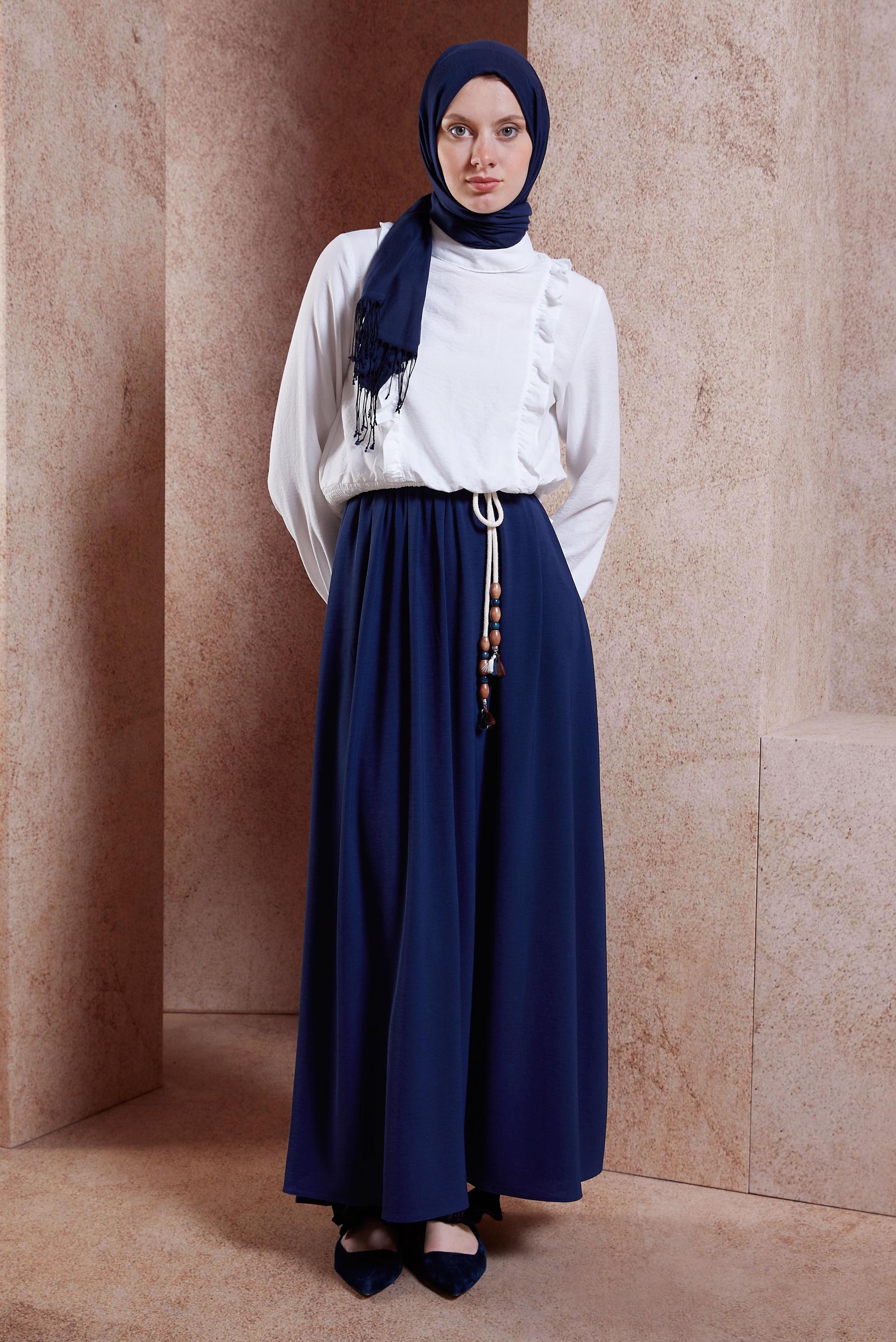 Tesettür giyim LACİVERT BELİ LASTİKLİ ETEK 60566