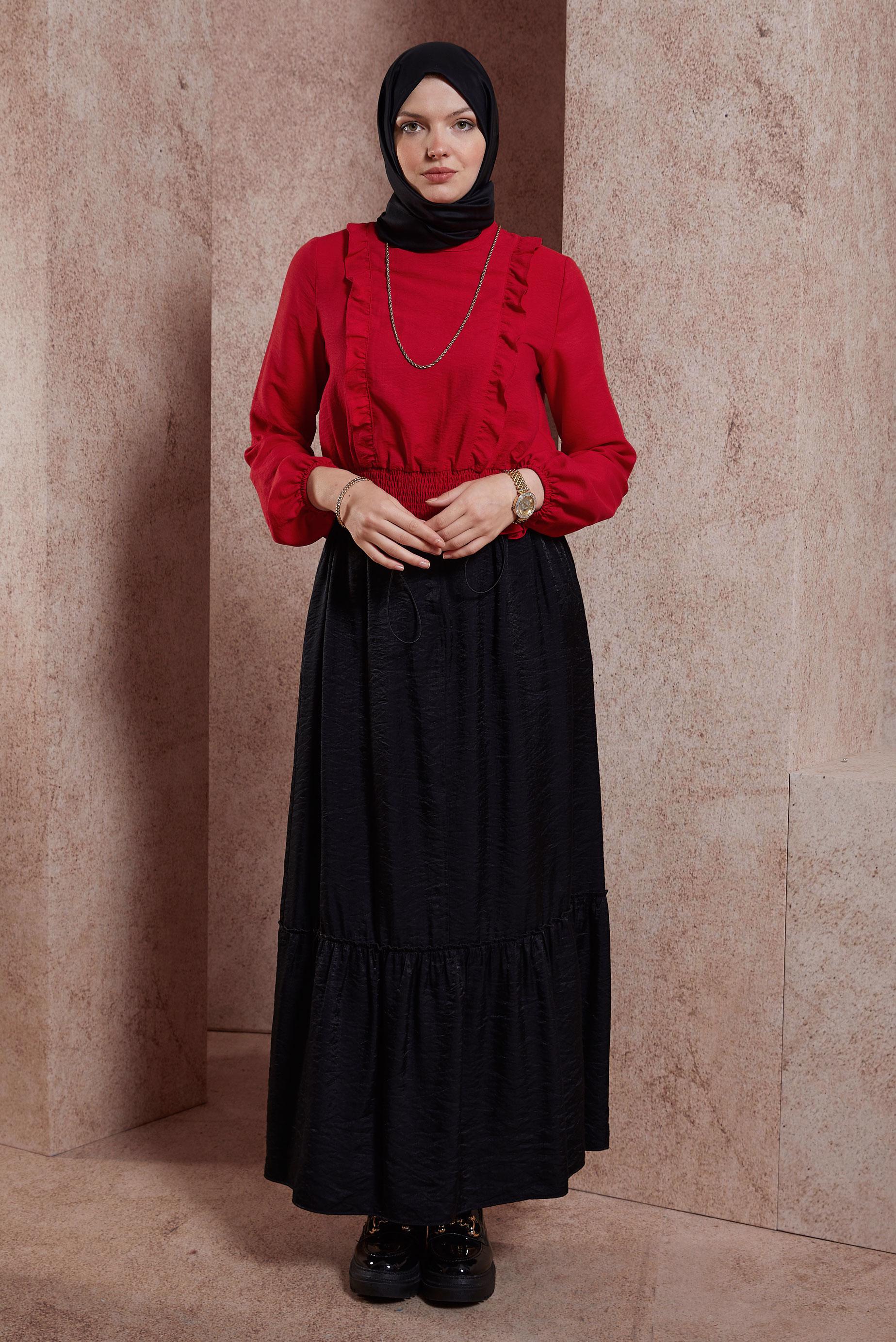 Tesettür giyim SİYAH PARLAK KUMAŞ ETEK 60567