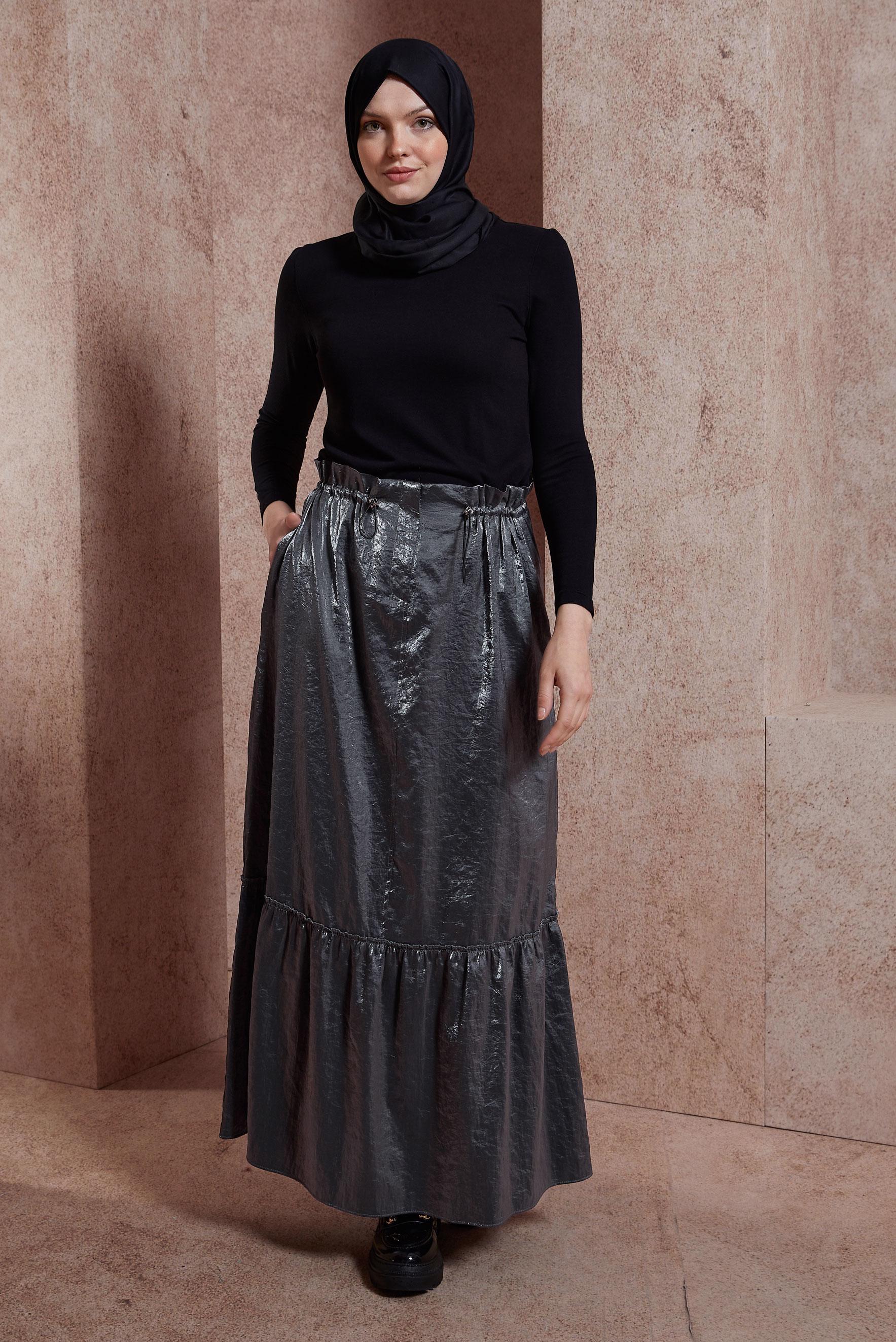 Tesettür giyim GRİ PARLAK KUMAŞ ETEK 60567