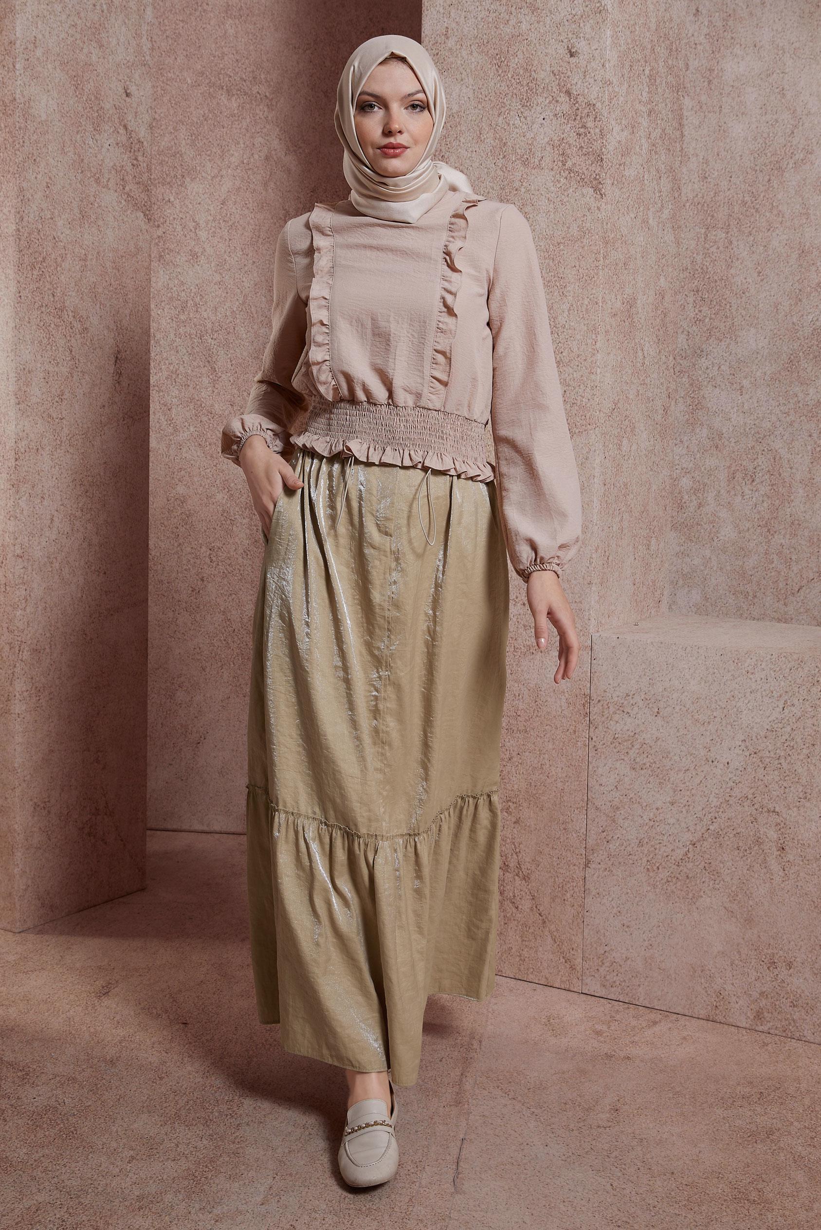 Tesettür giyim KAHVE PARLAK KUMAŞ ETEK 60567