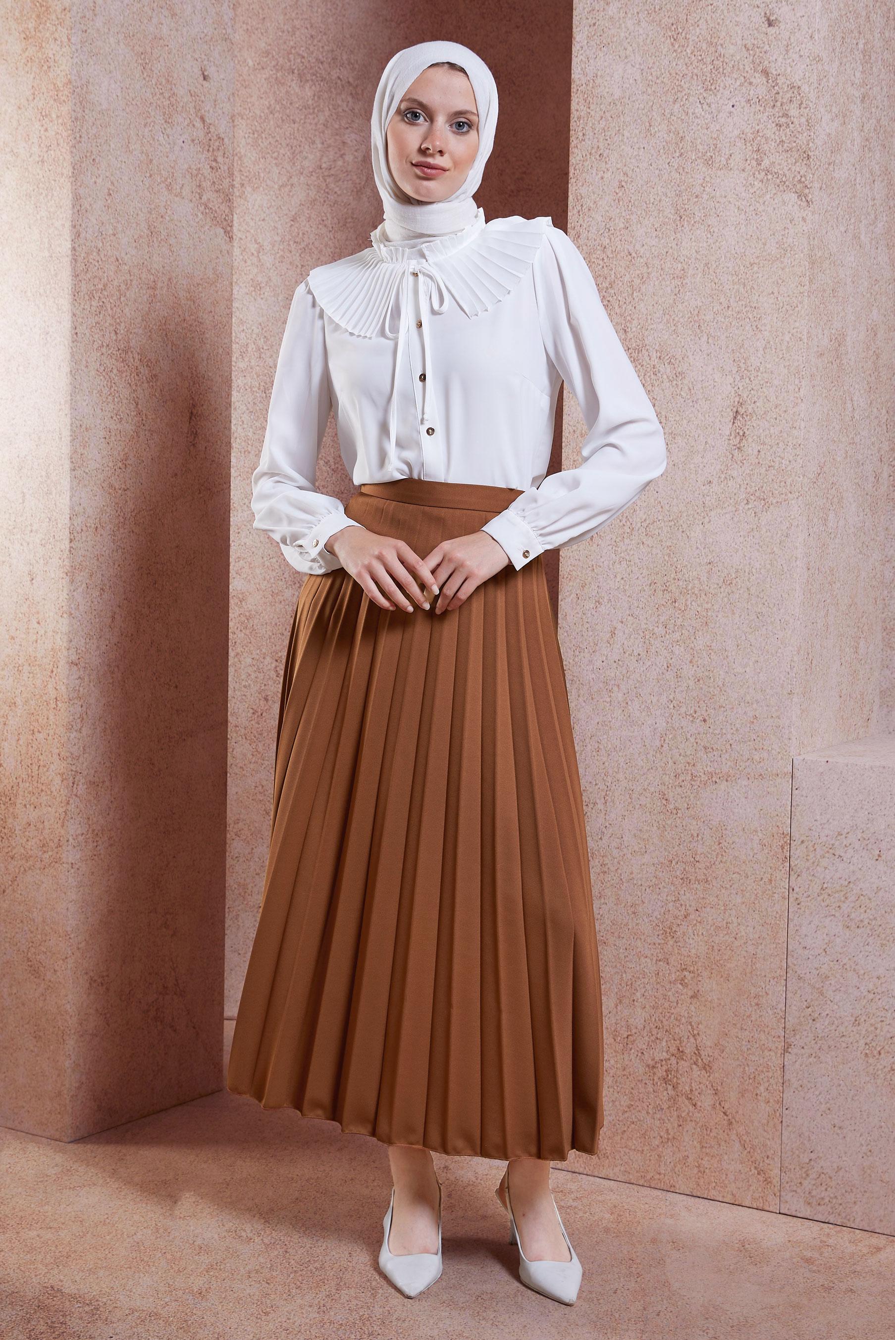 Tesettür giyim TABA PİLİSELİ ETEK 60572