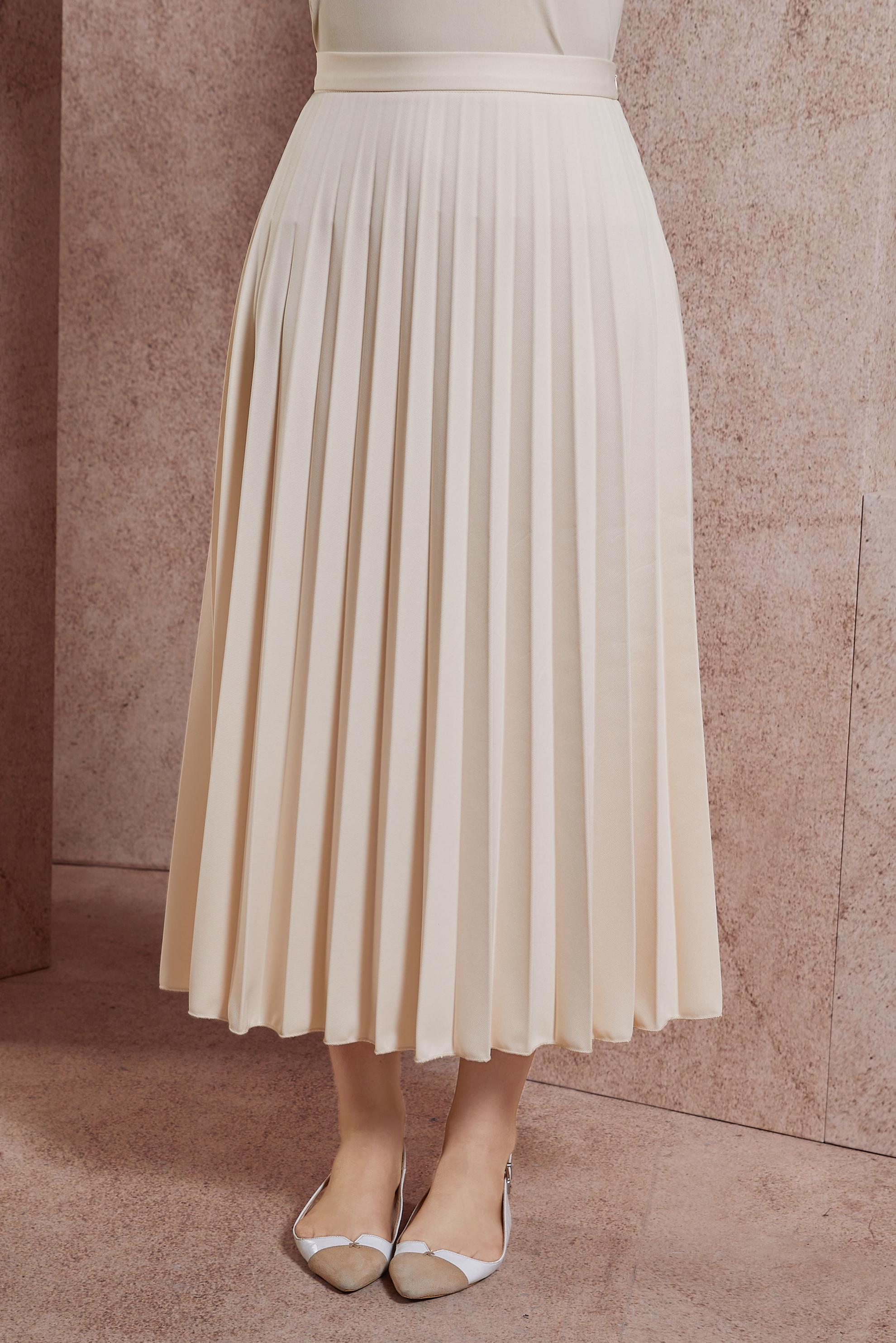 Tesettür giyim EKRU PİLİSELİ ETEK 60572