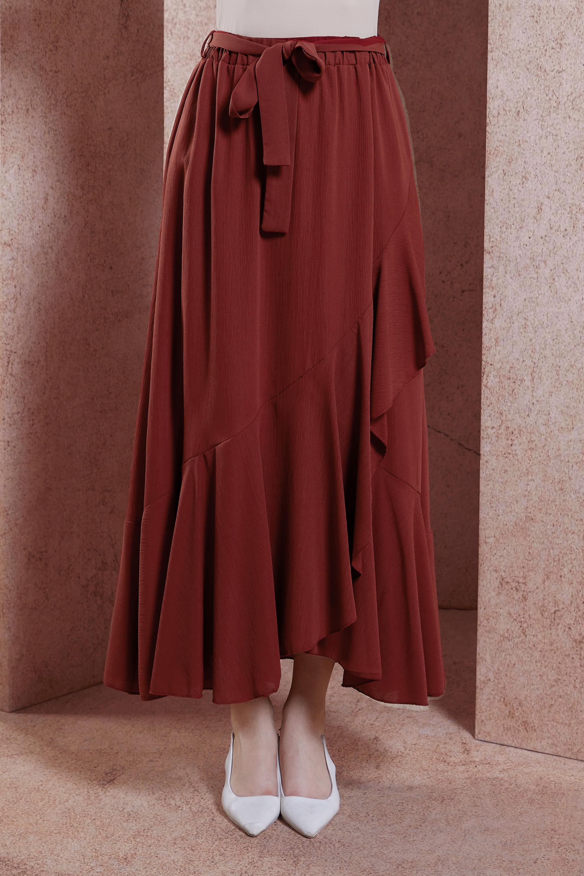 Tesettür giyim BORDO KUŞAKLI VOLANLI ETEK 60574