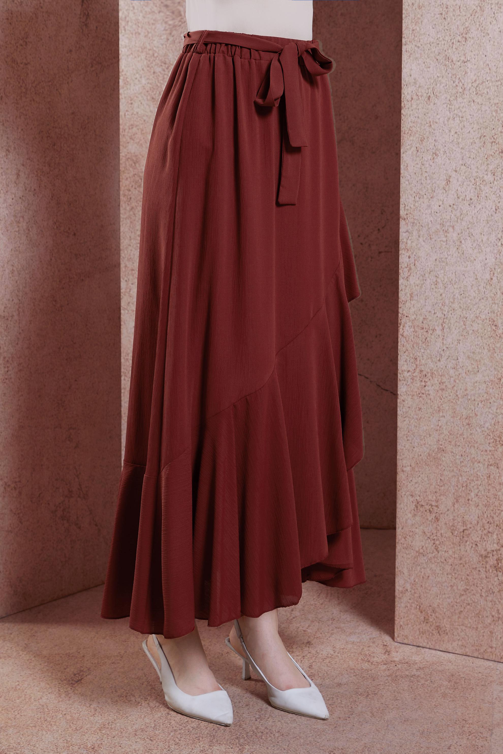 Tesettür giyim BORDO KUŞAKLI VOLANLI ETEK 60574