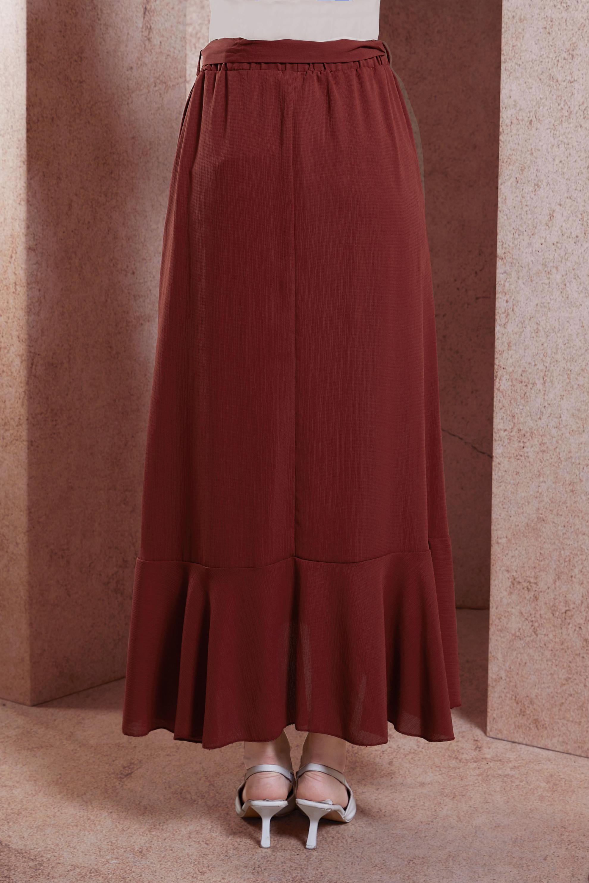 Tesettür giyim BORDO KUŞAKLI VOLANLI ETEK 60574