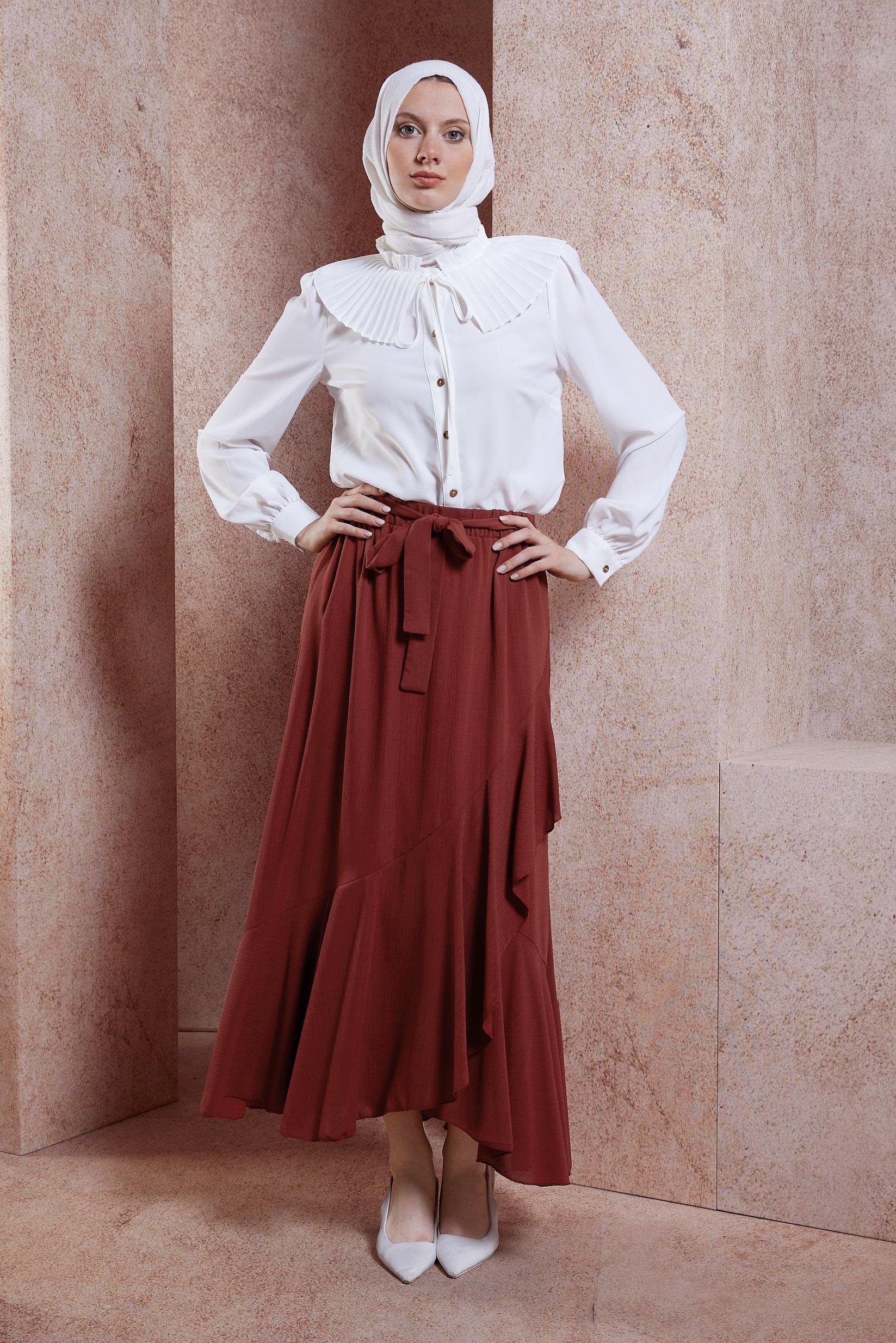 Tesettür giyim BORDO KUŞAKLI VOLANLI ETEK 60574