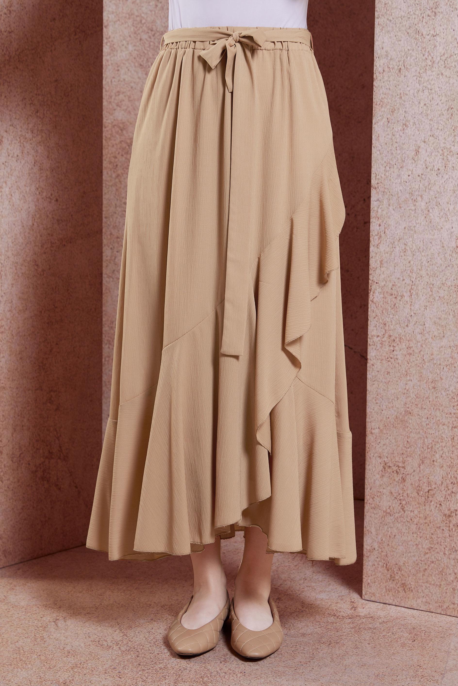 Tesettür giyim BEJ KUŞAKLI VOLANLI ETEK 60574