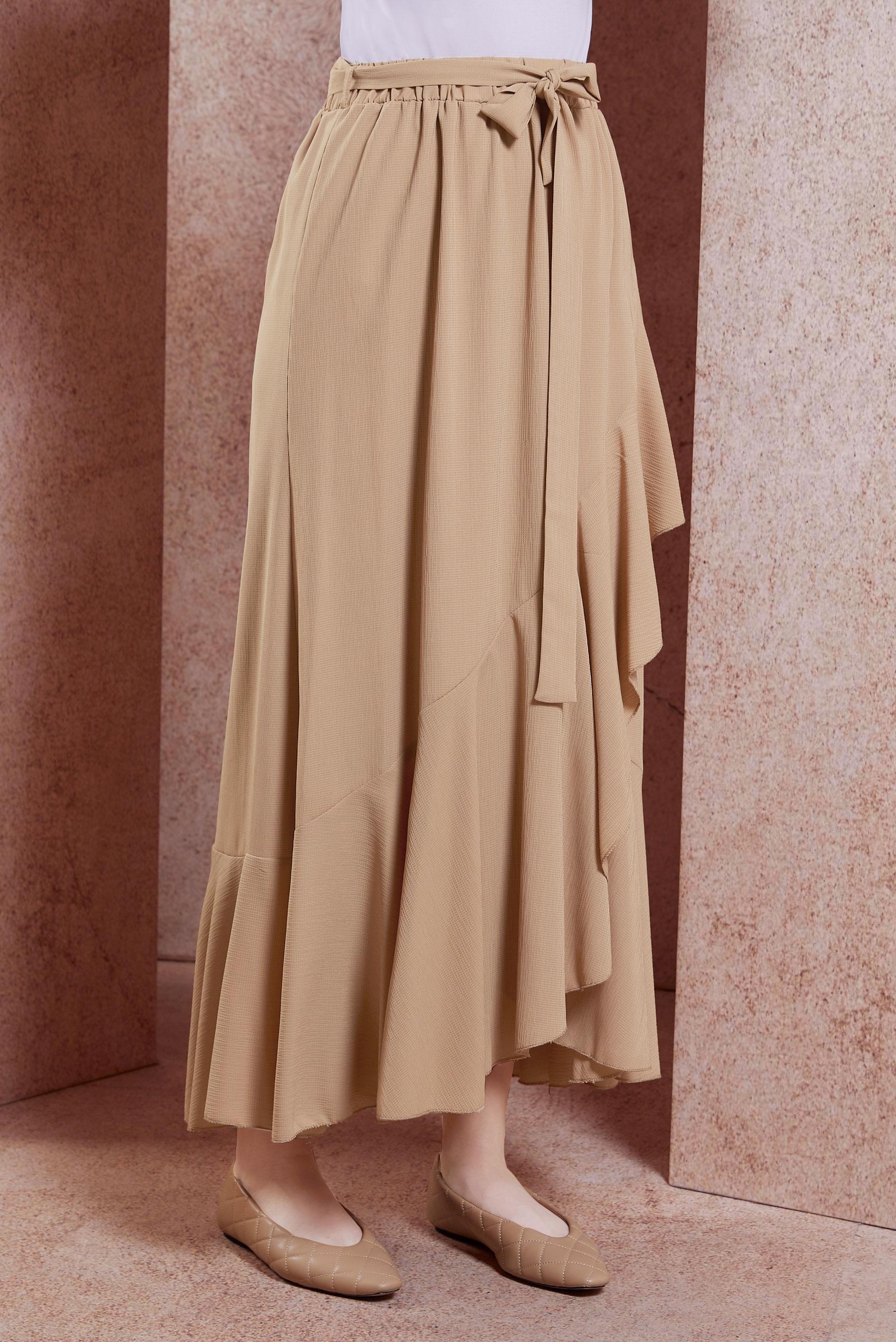 Tesettür giyim BEJ KUŞAKLI VOLANLI ETEK 60574