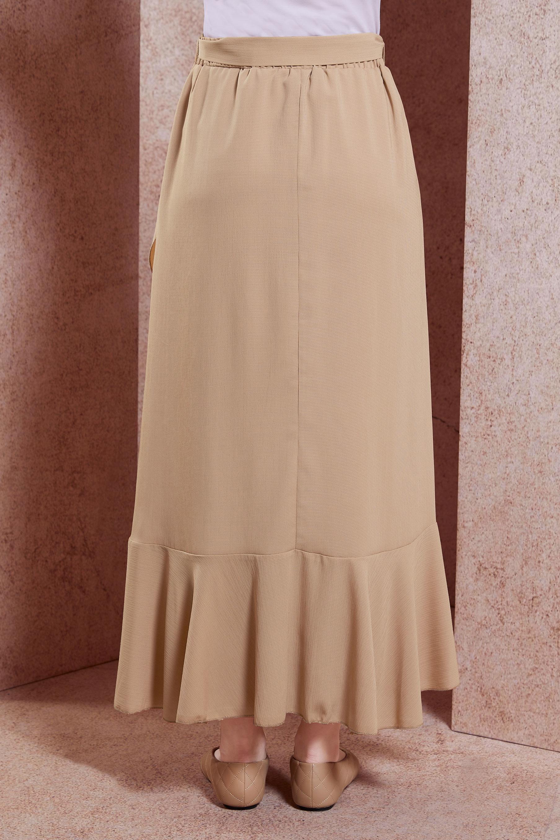 Tesettür giyim BEJ KUŞAKLI VOLANLI ETEK 60574