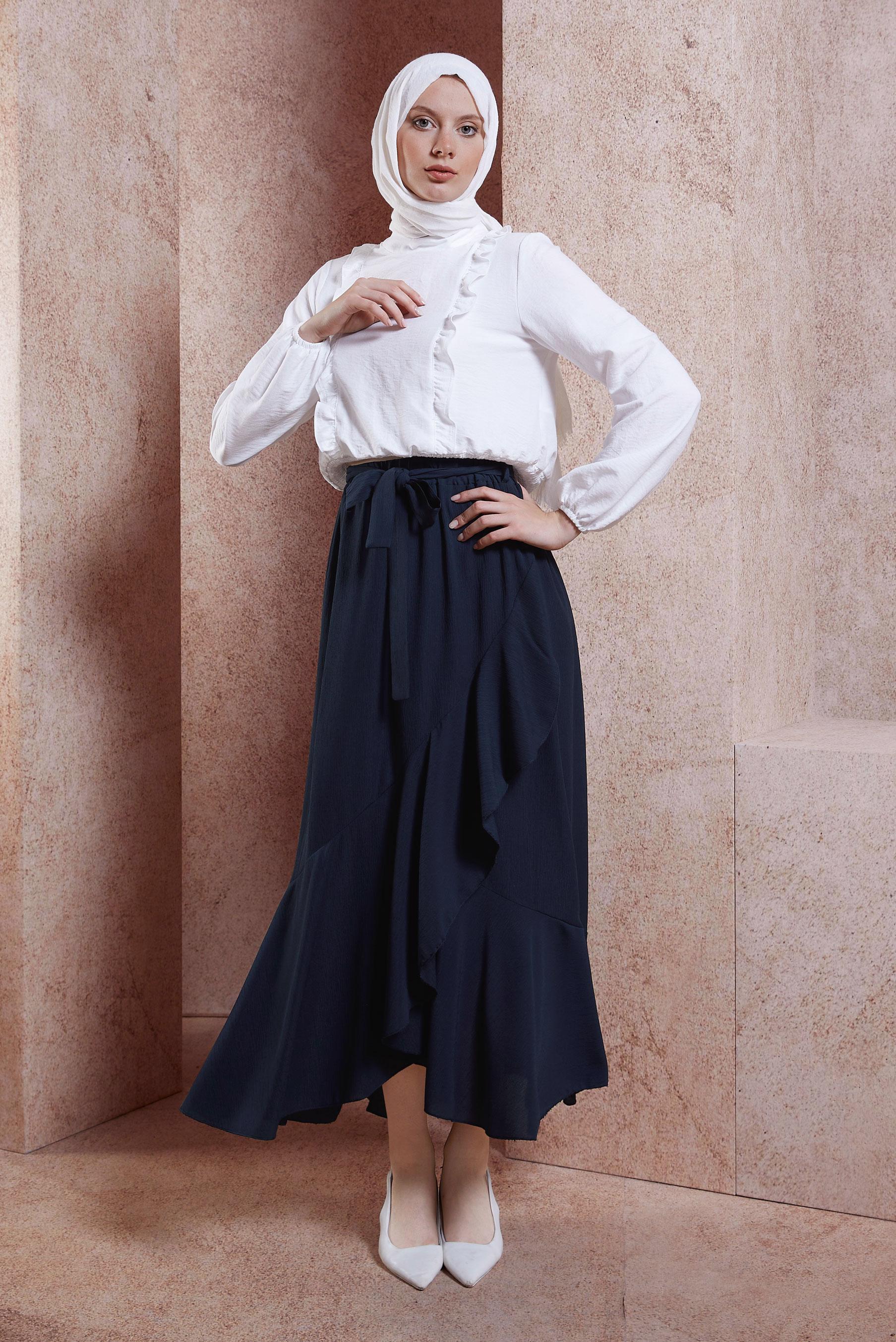 Hijab clothing NAVY BLUE FRILLED BELTED SKIRT 60574