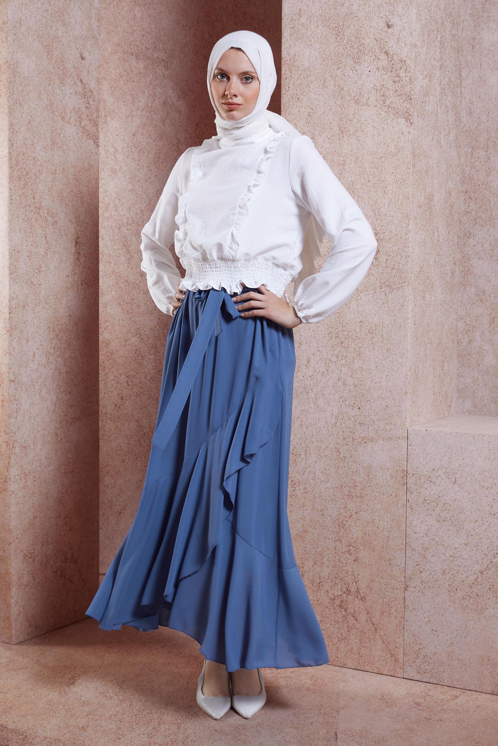 Hijab clothing BLUE FRILLED BELTED SKIRT 60574