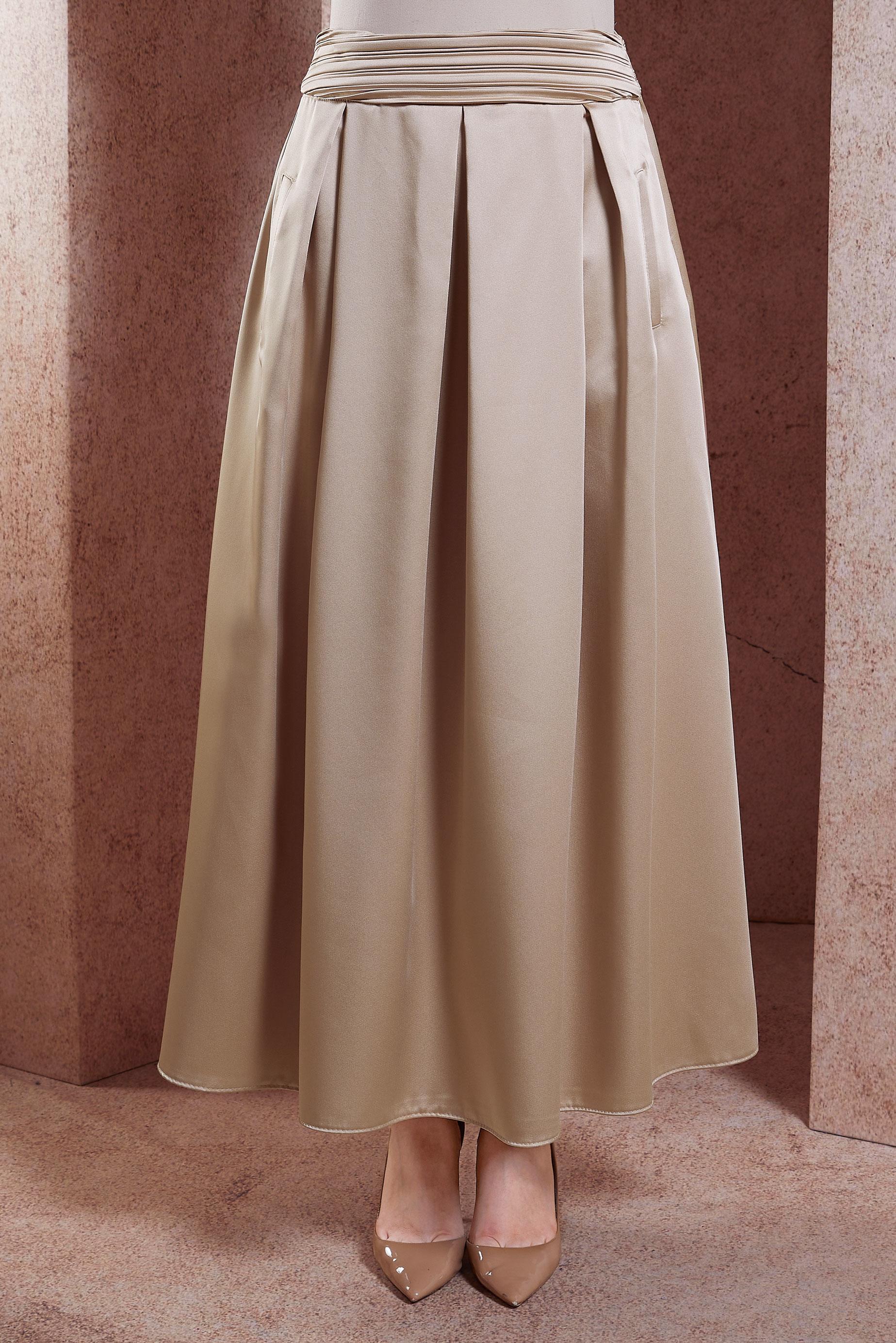 Tesettür giyim BEJ SATEN UZUN ETEK 60580