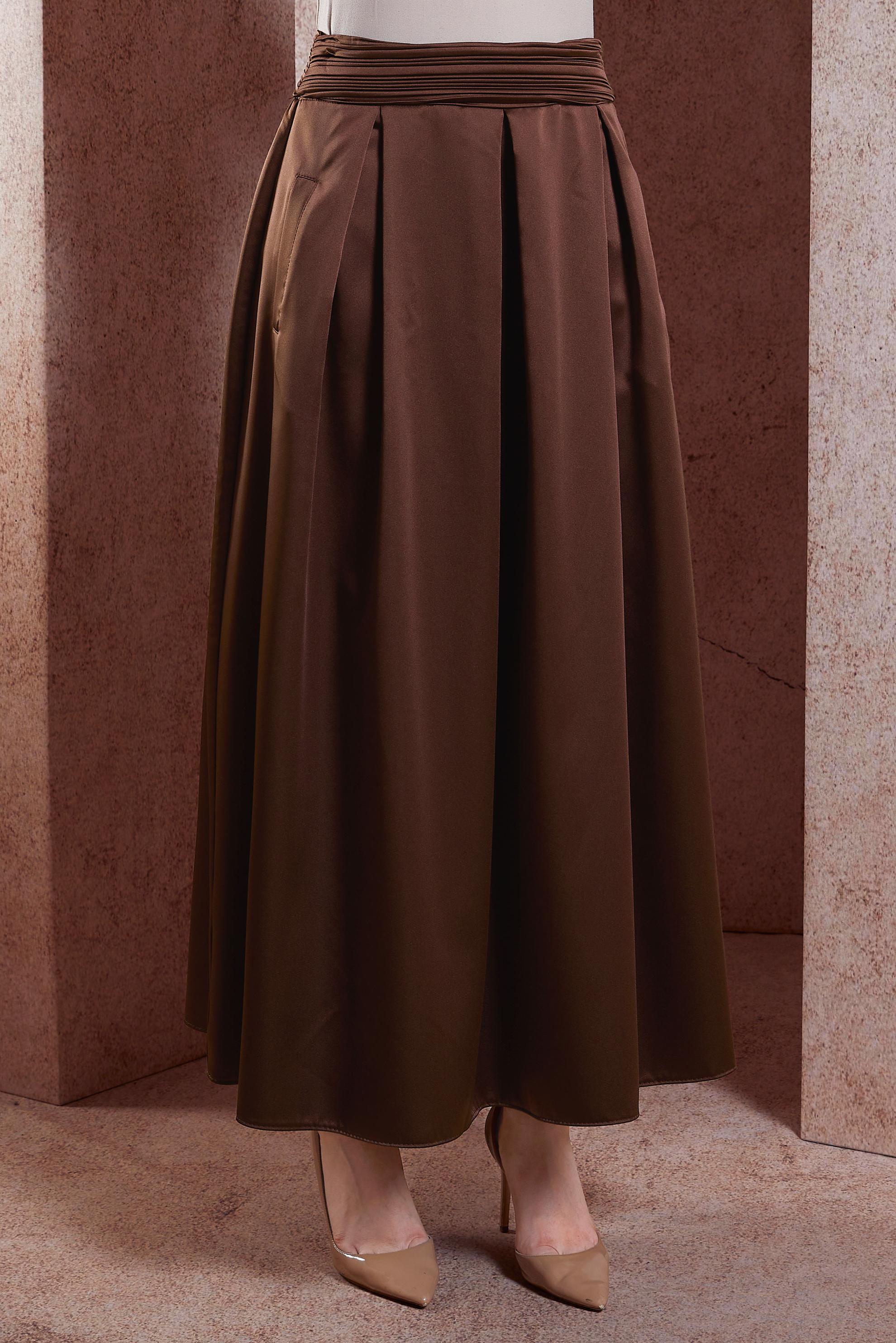 Tesettür giyim KAHVE SATEN UZUN ETEK 60580