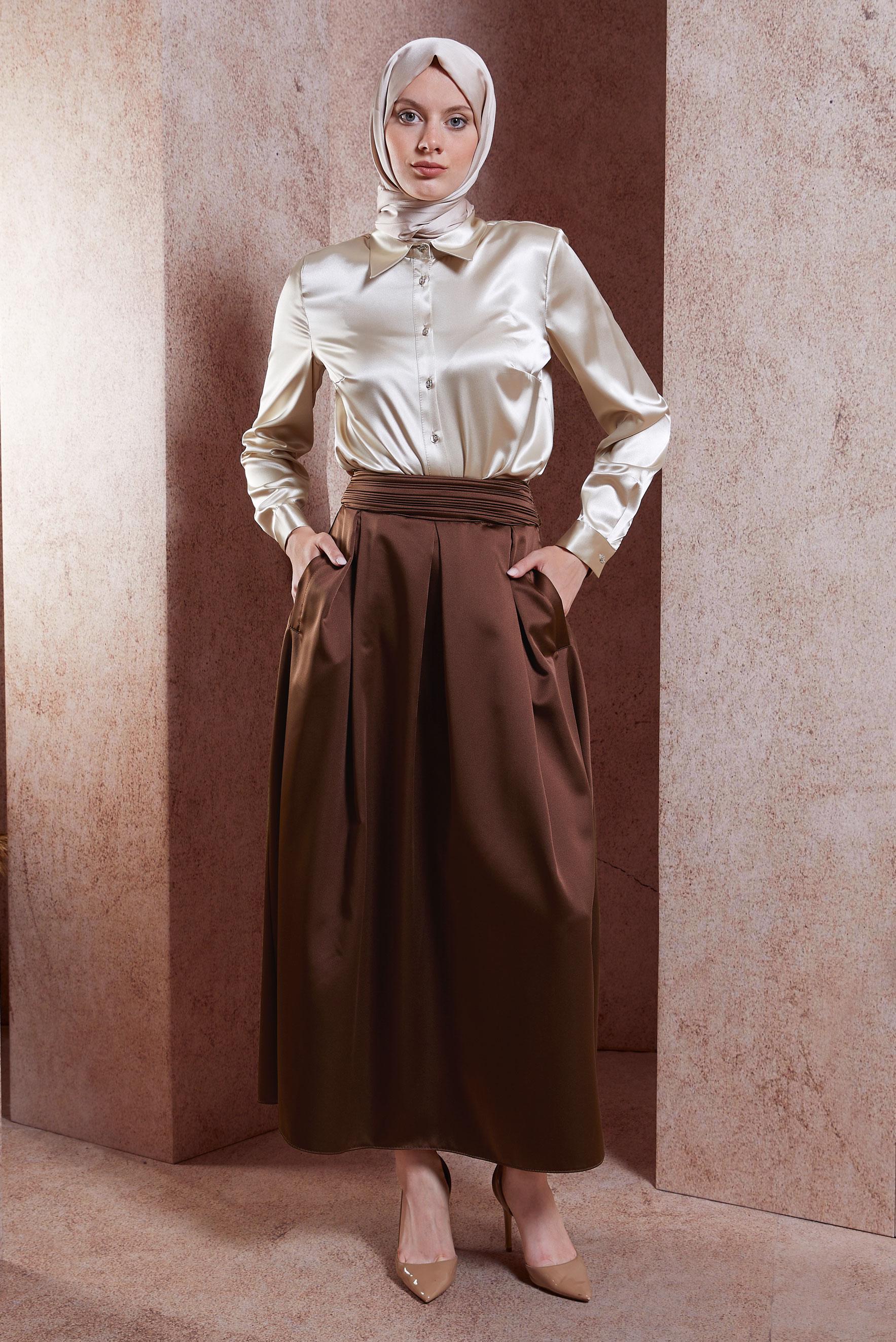 Tesettür giyim KAHVE SATEN UZUN ETEK 60580