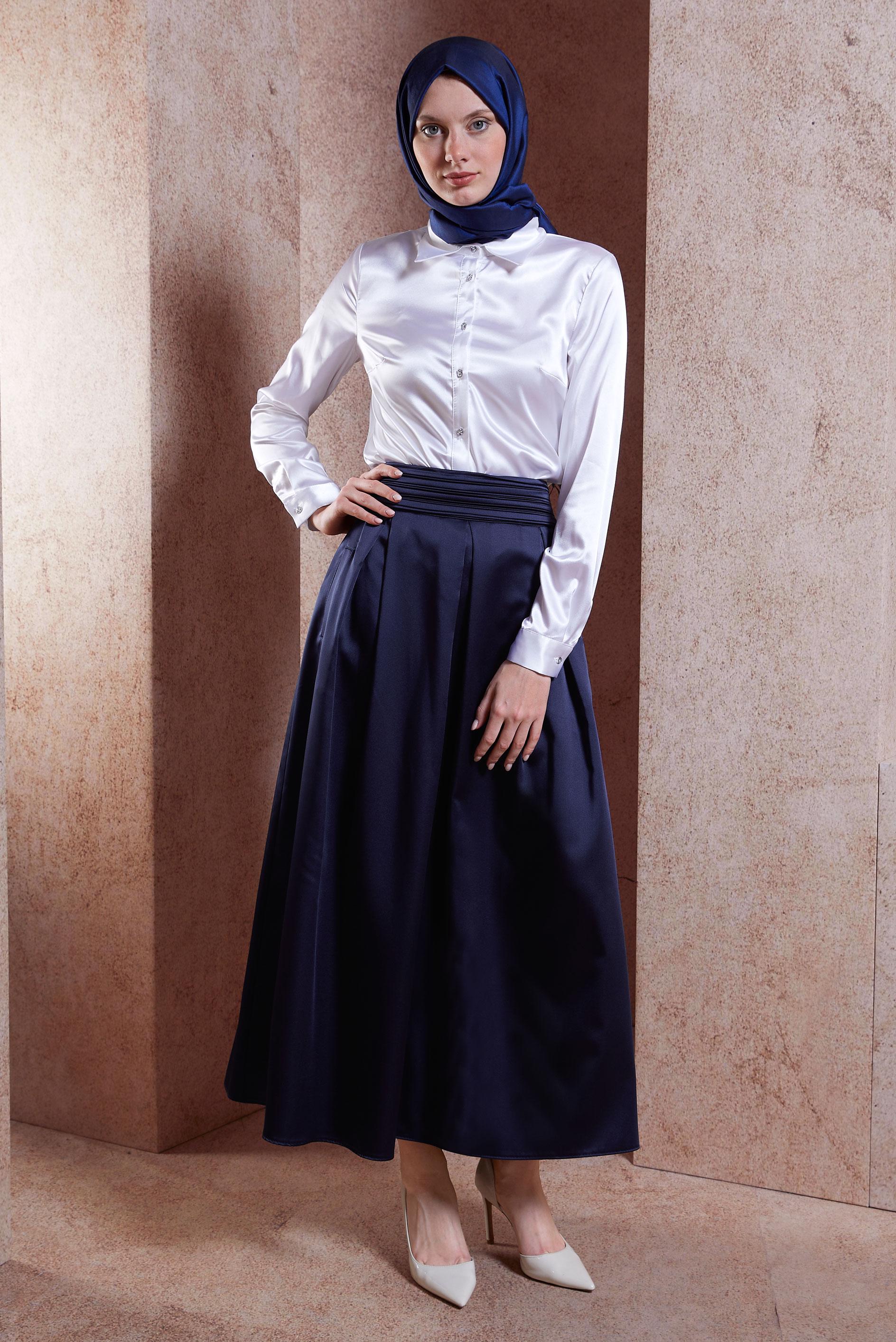 Tesettür giyim LACİVERT SATEN UZUN ETEK 60580