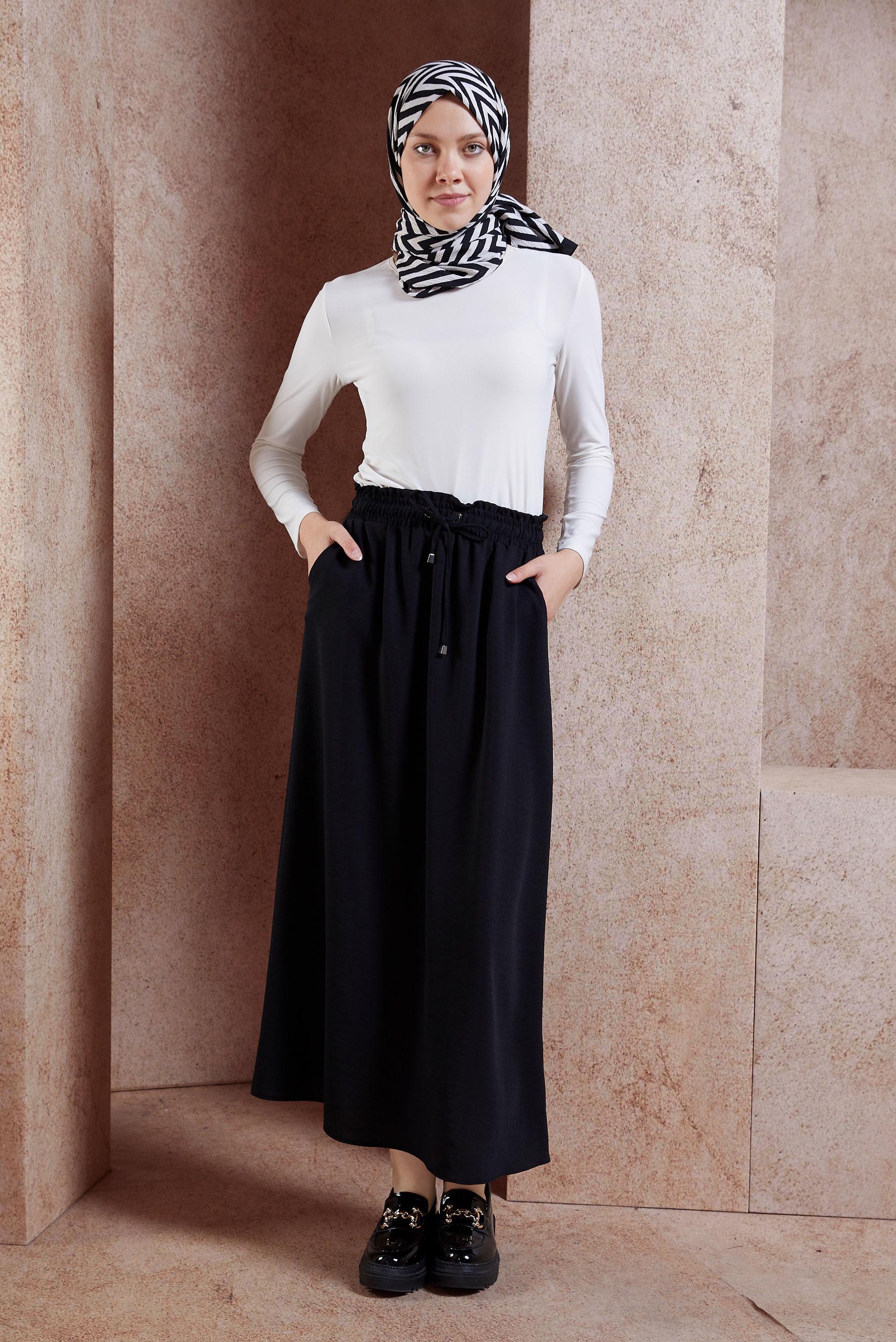 Tesettür giyim SİYAH BELİ LASTİKLİ TESETTÜR ETEK 60587