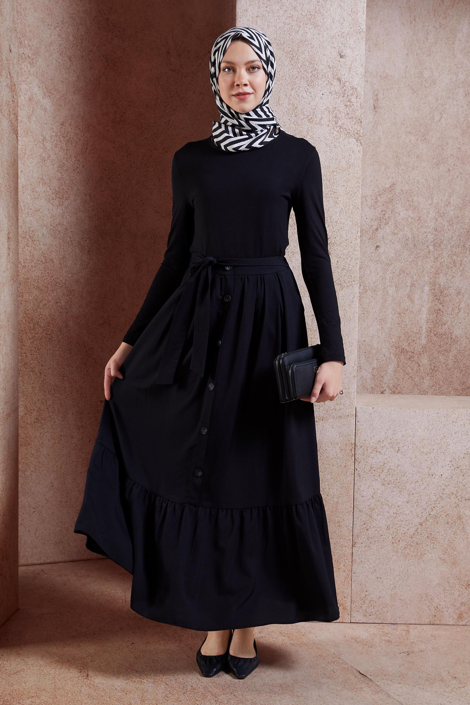 Tesettür giyim SİYAH KUŞAKLI TESETTÜR ETEK 60590