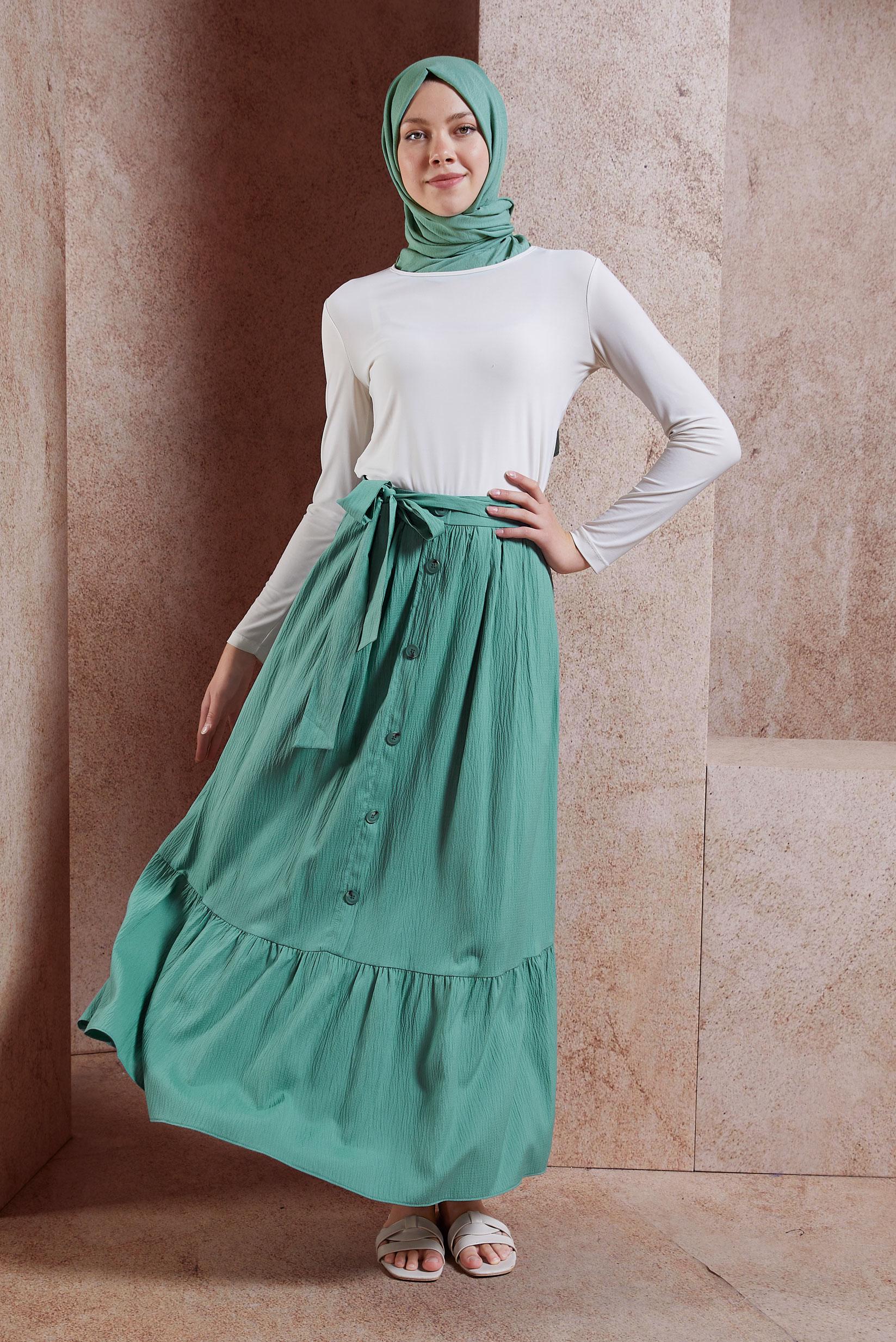 Tesettür giyim MAVİ KUŞAKLI TESETTÜR ETEK 60590