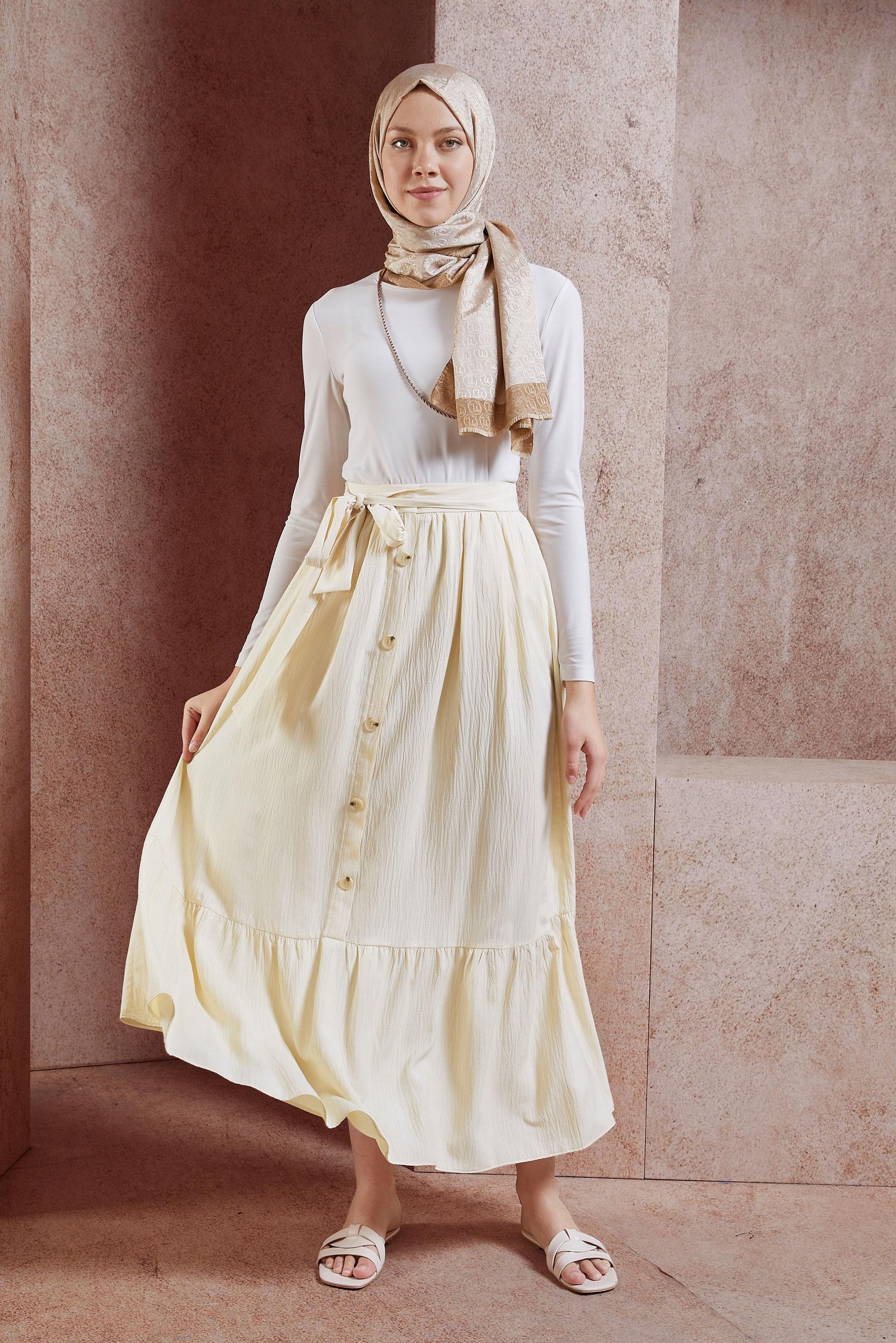 Tesettür giyim EKRU KUŞAKLI TESETTÜR ETEK 60590