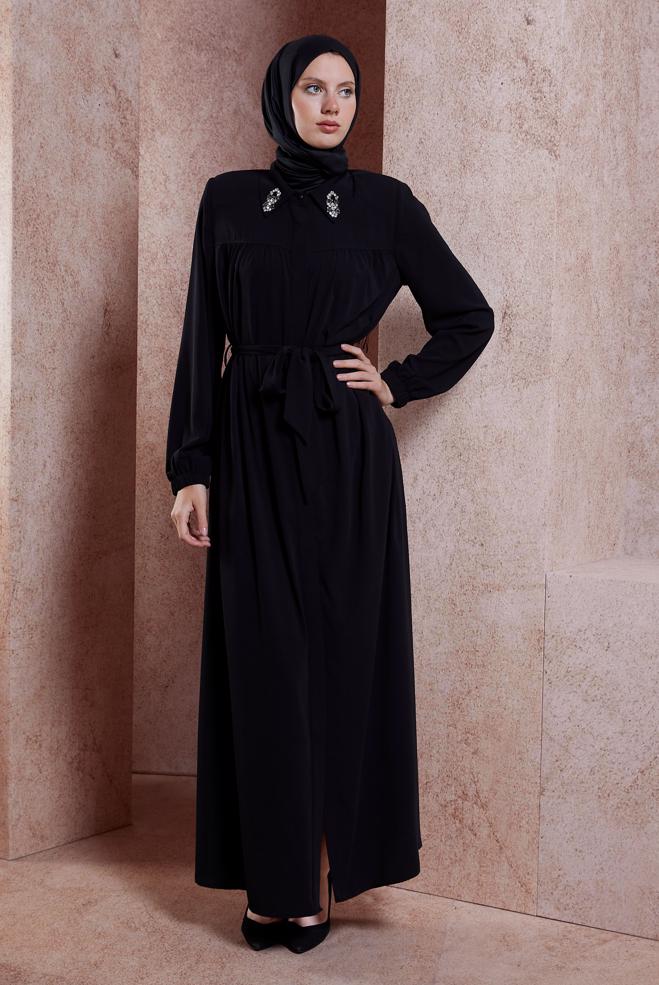 Vêtements hijab NOIR ABAYA DÉTAILLÉE DE GEMMES 80104 - ALVİNA