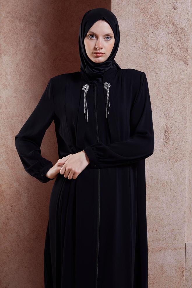 Vêtements hijab NOIR ABAYA DÉTAILLÉE DE GEMMES 80106 - ALVİNA