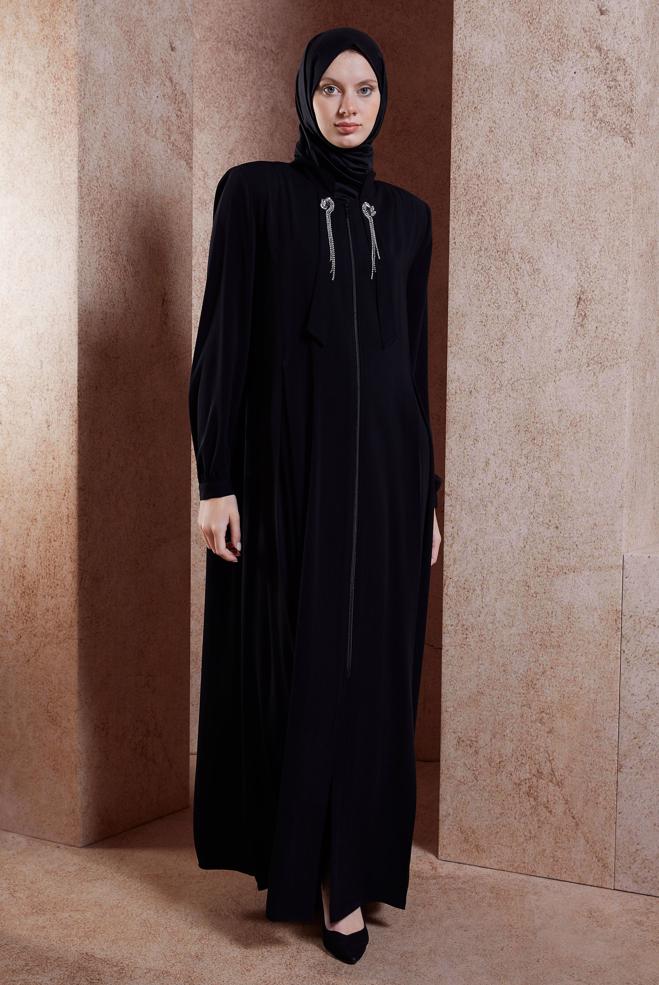 Vêtements hijab NOIR ABAYA DÉTAILLÉE DE GEMMES 80106 - ALVİNA