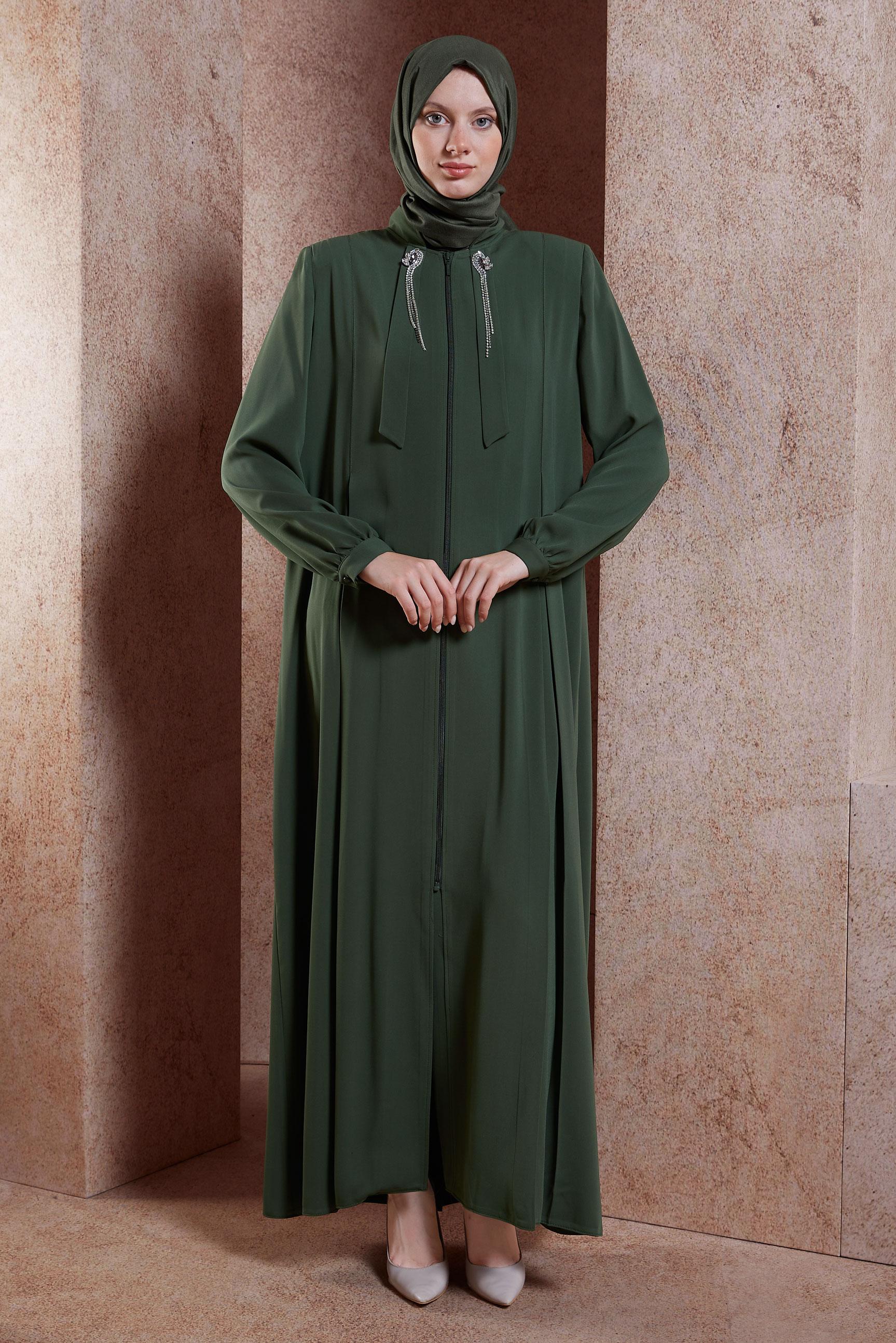 Vêtements hijab KAKI ABAYA DÉTAILLÉE DE GEMMES 80106