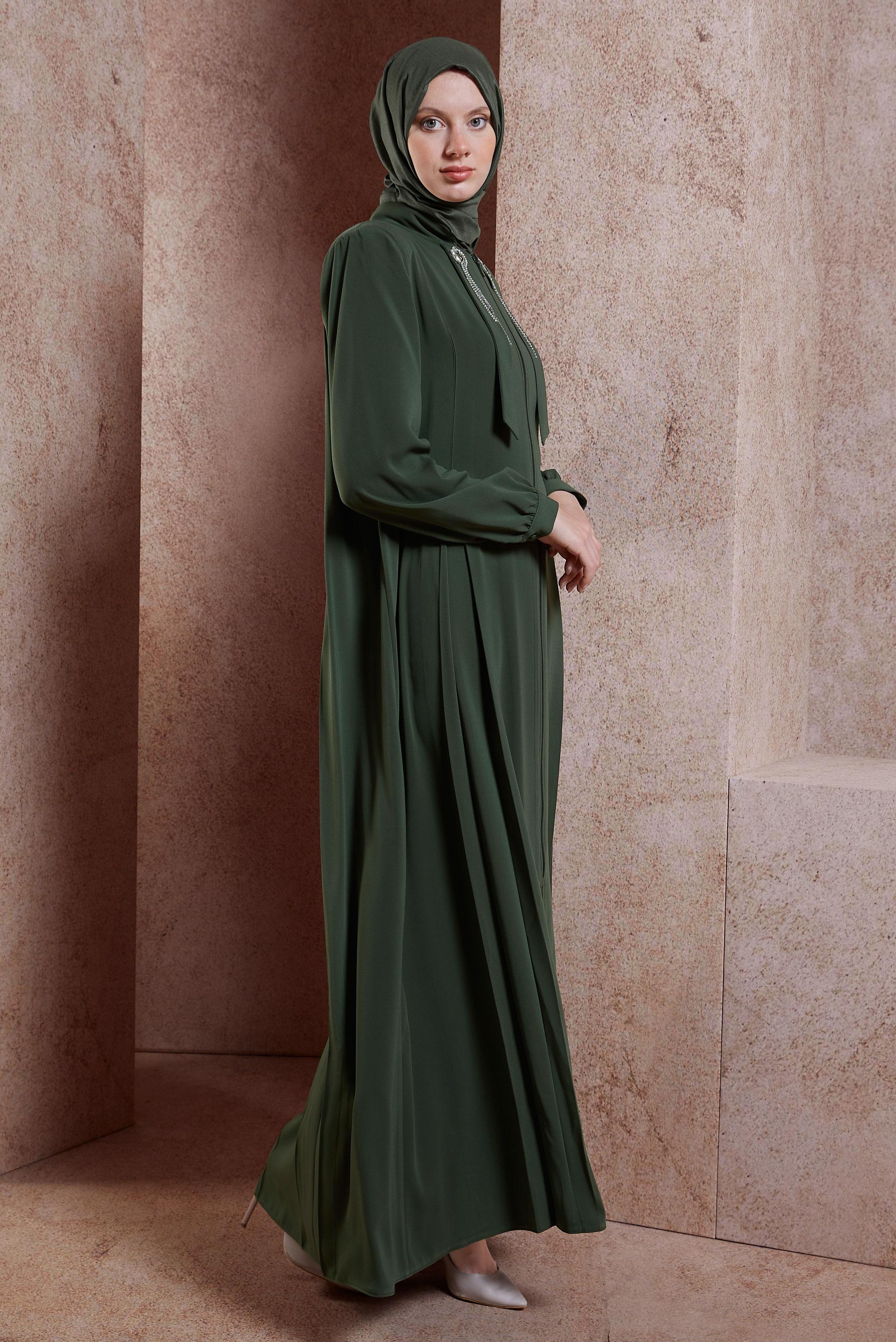 Vêtements hijab KAKI ABAYA DÉTAILLÉE DE GEMMES 80106