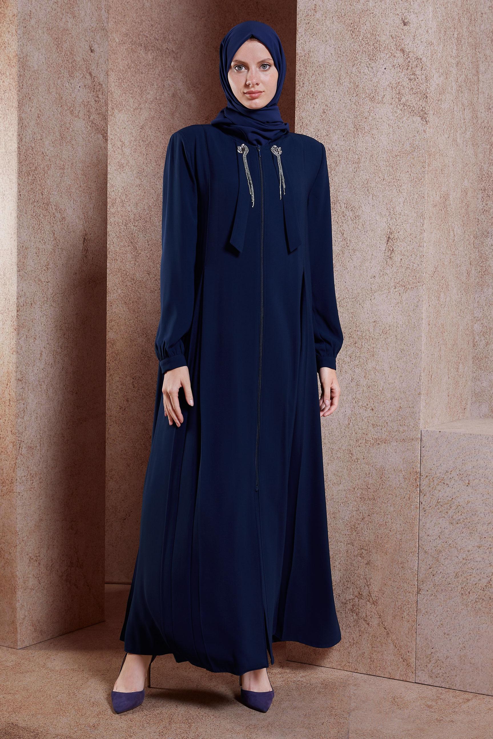 Vêtements hijab BLEU MARINE ABAYA DÉTAILLÉE DE GEMMES 80106