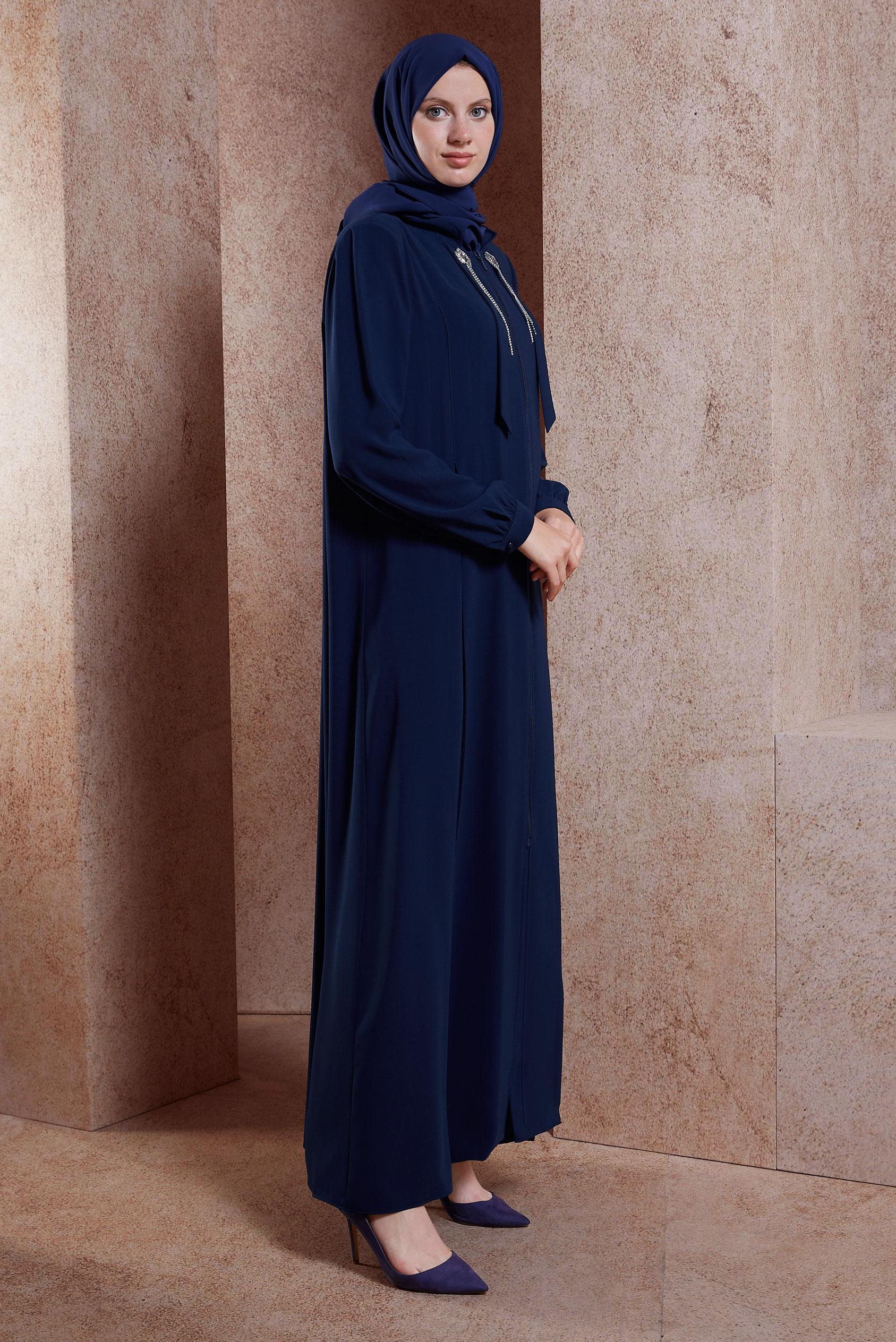 Vêtements hijab BLEU MARINE ABAYA DÉTAILLÉE DE GEMMES 80106