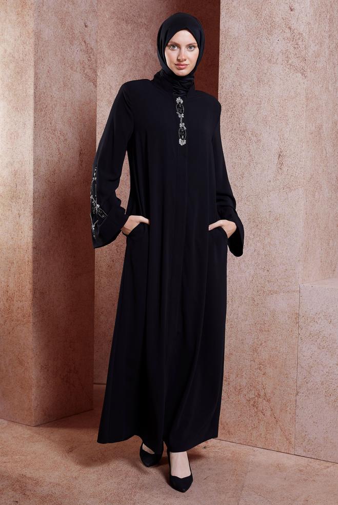 Hijab-Kleidung SCHWARZ ABAYA MIT EDELSTEIN 80107 - ALVİNA