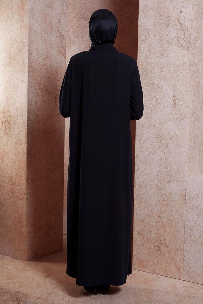 Hijab-Kleidung SCHWARZ ABAYA MIT EDELSTEIN 80107 - ALVİNA