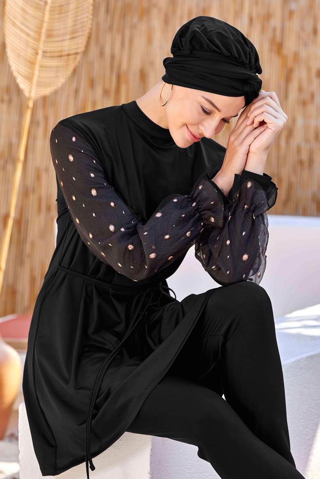 Vêtements hijab NOIR MAILLOT DE BAIN HIJAB À MANCHES À MOTIFS 4557 - ALVİNA