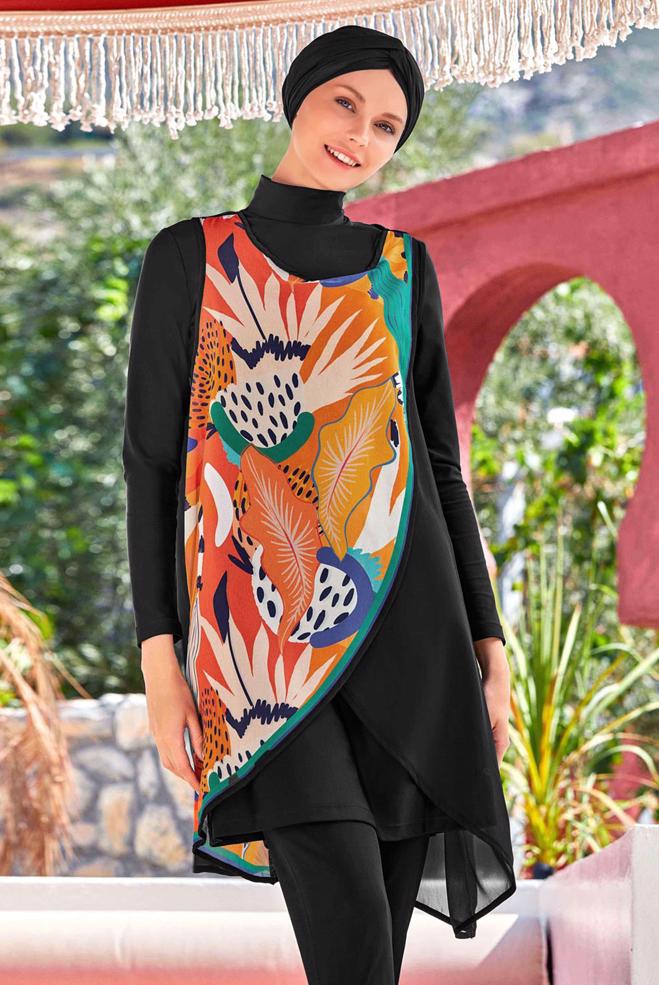 Vêtements hijab NOIR MAILLOT DE BAIN HIJAB À MOTIFS 4562 - ALVİNA
