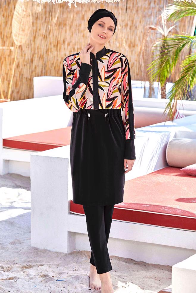 Vêtements hijab NOIR MAILLOT DE BAIN HIJAB À MOTIFS 4572 - ALVİNA