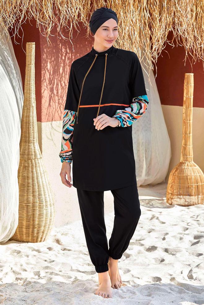 Vêtements hijab NOIR MAILLOT DE BAIN HIJAB À MOTIFS 4576 - ALVİNA